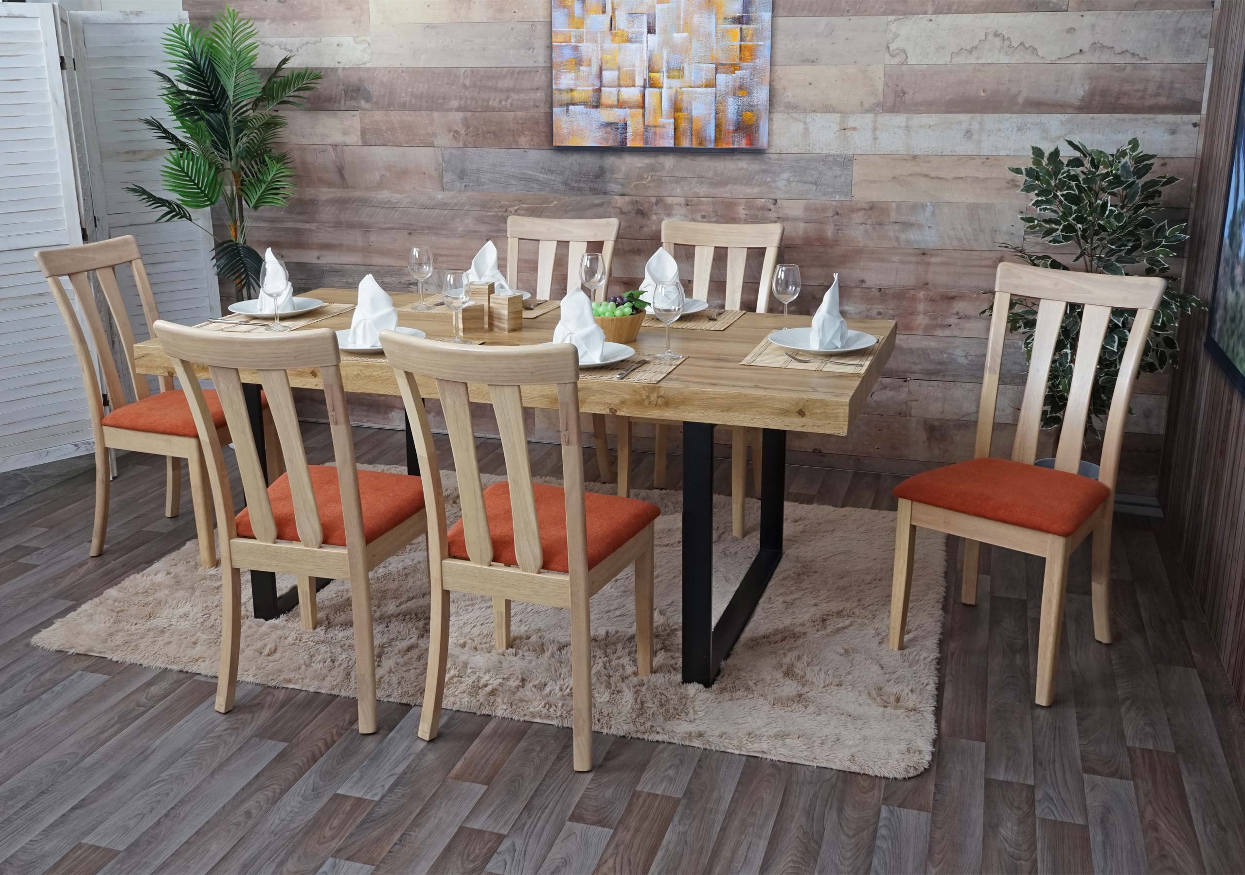 6er-Set Esszimmerstuhl MCW-G46, K&uuml;chenstuhl Stuhl, Stoff/Textil Massiv-Holz ~ naturfarbenes Gestell, orange - Bild 1