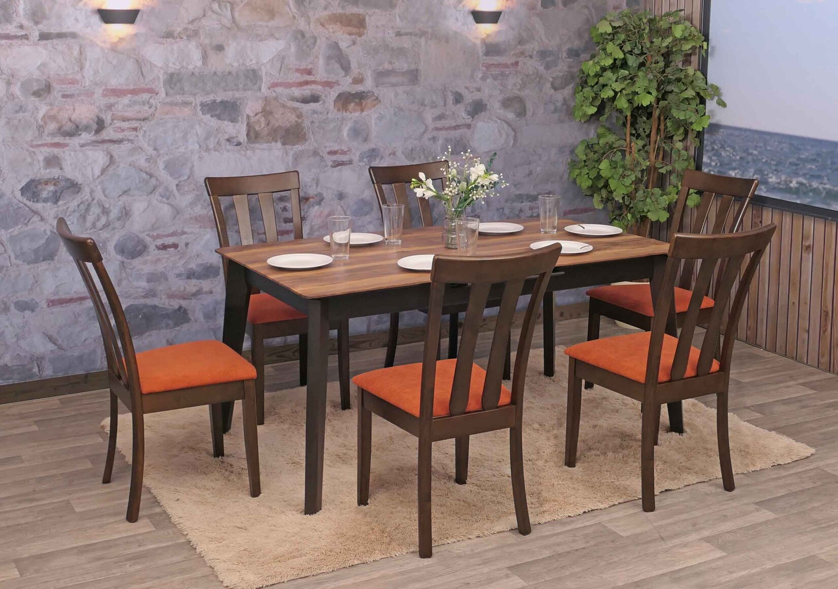 6er-Set Esszimmerstuhl MCW-G46, Küchenstuhl Stuhl, Stoff/Textil Massiv-Holz ~ dunkles Gestell, orange