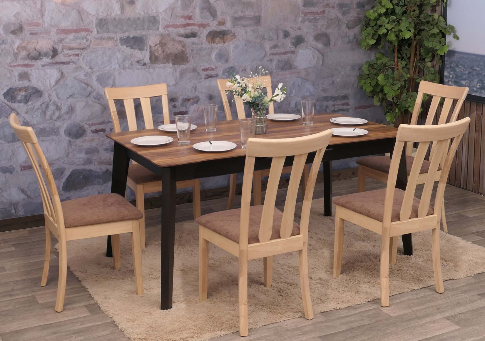 6er-Set Esszimmerstuhl MCW-G46, Küchenstuhl Stuhl, Stoff/Textil Massiv-Holz ~ naturfarbenes Gestell, braun