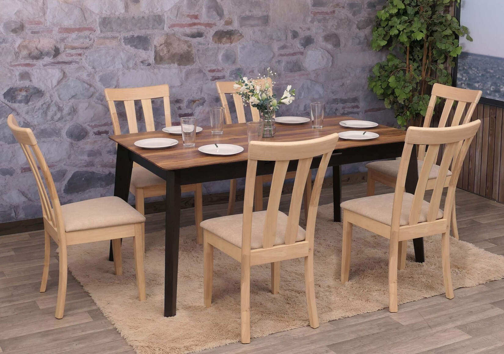 6er-Set Esszimmerstuhl MCW-G46, Küchenstuhl Stuhl, Stoff/Textil Massiv-Holz ~ naturfarbenes Gestell, beige