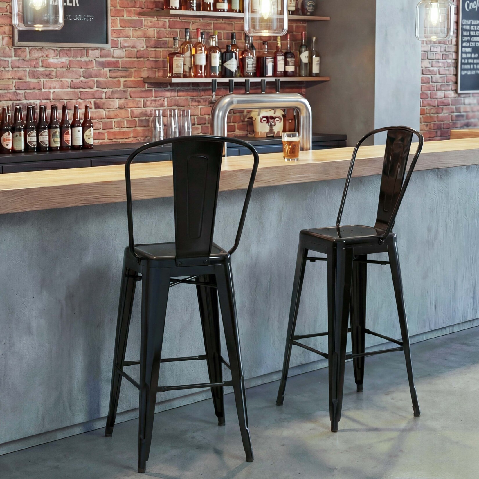 2er-Set Barhocker MCW-A73, Barstuhl Tresenhocker mit Lehne, Metall Industriedesign ~ schwarz