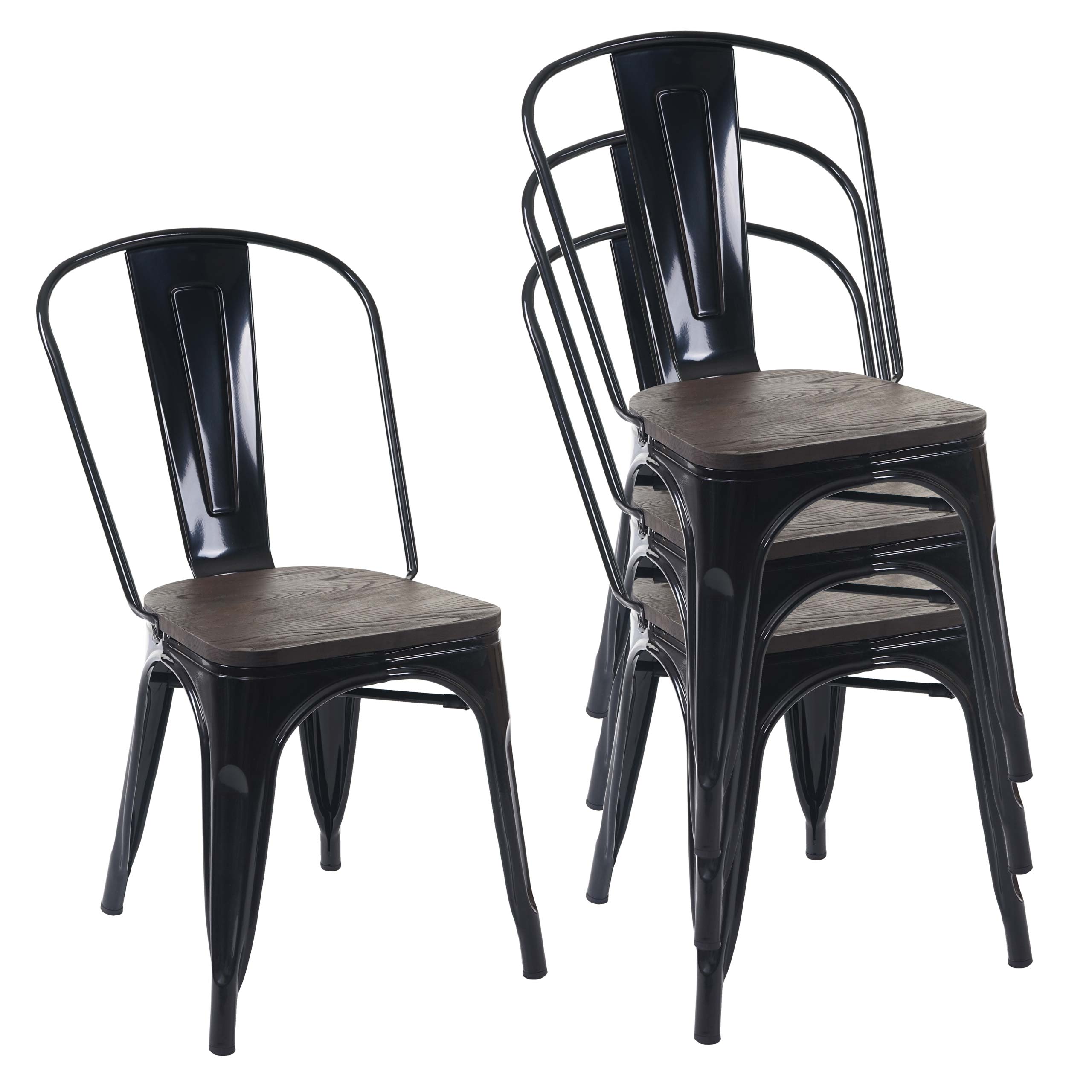 4er-Set Stuhl MCW-A73 inkl. Holz-Sitzfl&auml;che, Bistrostuhl Stapelstuhl, Metall Industriedesign stapelbar ~ schwarz - Bild 1