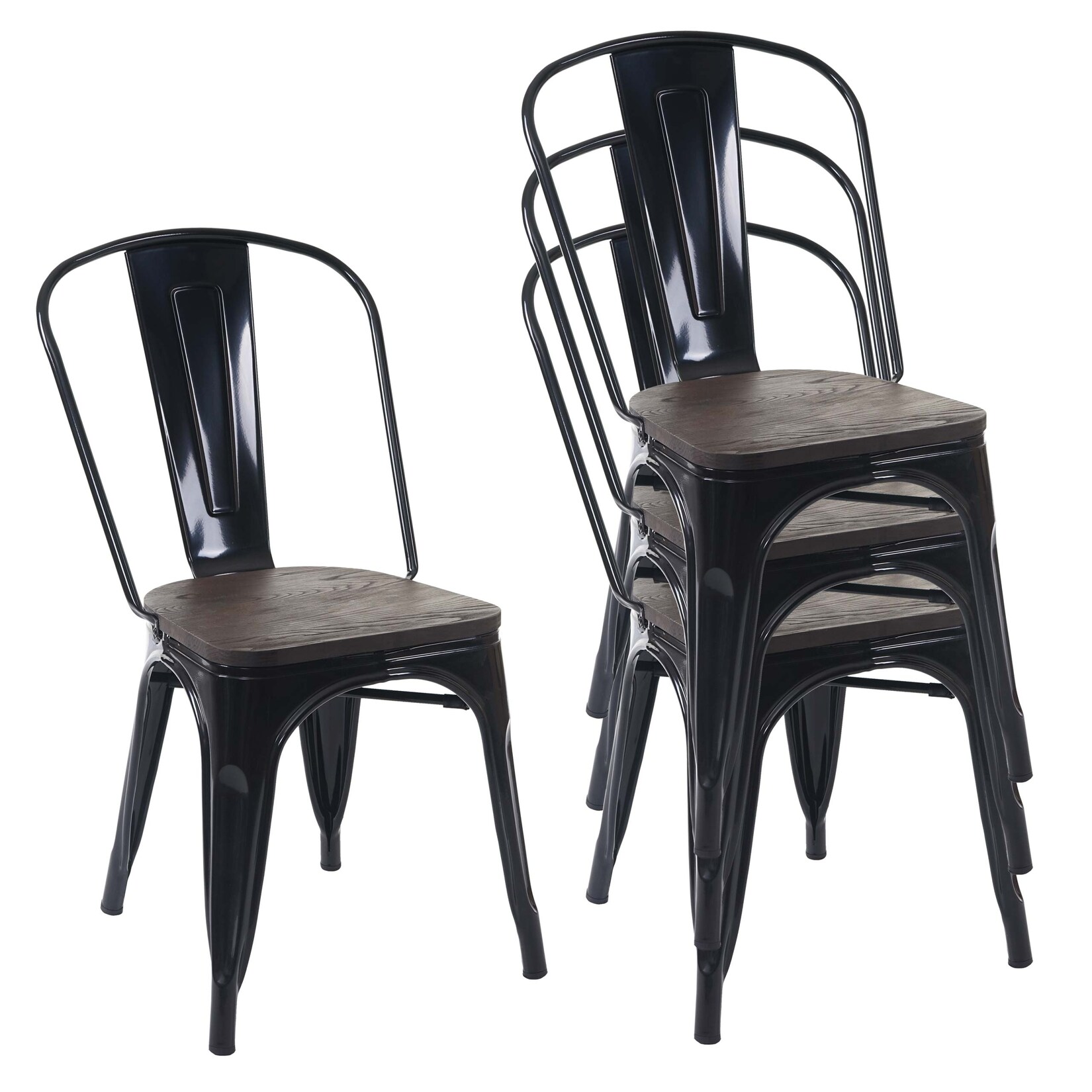 4er-Set Stuhl MCW-A73 inkl. Holz-Sitzfläche, Bistrostuhl Stapelstuhl, Metall Industriedesign stapelbar ~ schwarz