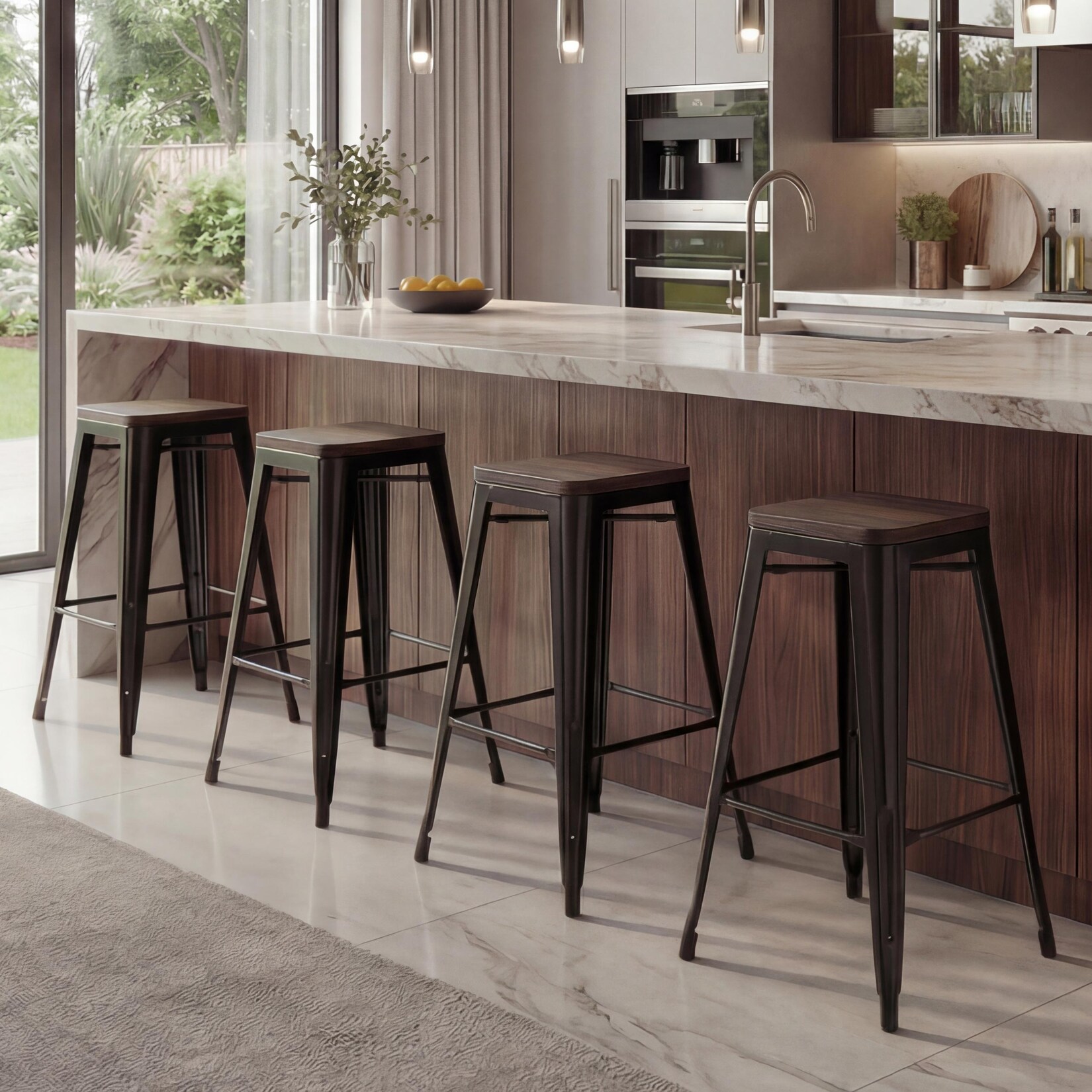 4er-Set Barhocker MCW-A73 inkl. Holz-Sitzfläche, Barstuhl Tresenhocker, Metall Industriedesign stapelbar ~ schwarz