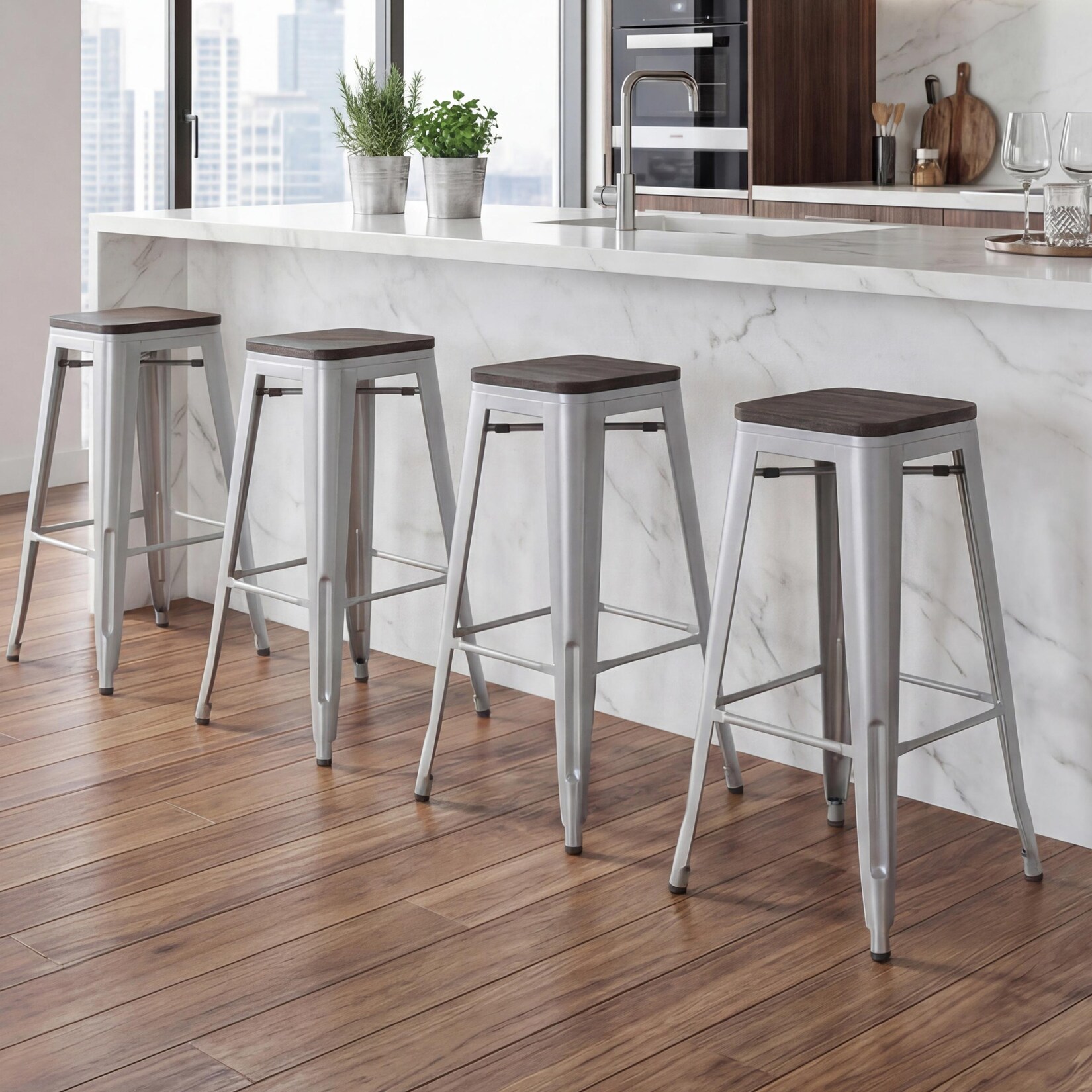 4er-Set Barhocker MCW-A73 inkl. Holz-Sitzfläche, Barstuhl Tresenhocker, Metall Industriedesign stapelbar ~ grau