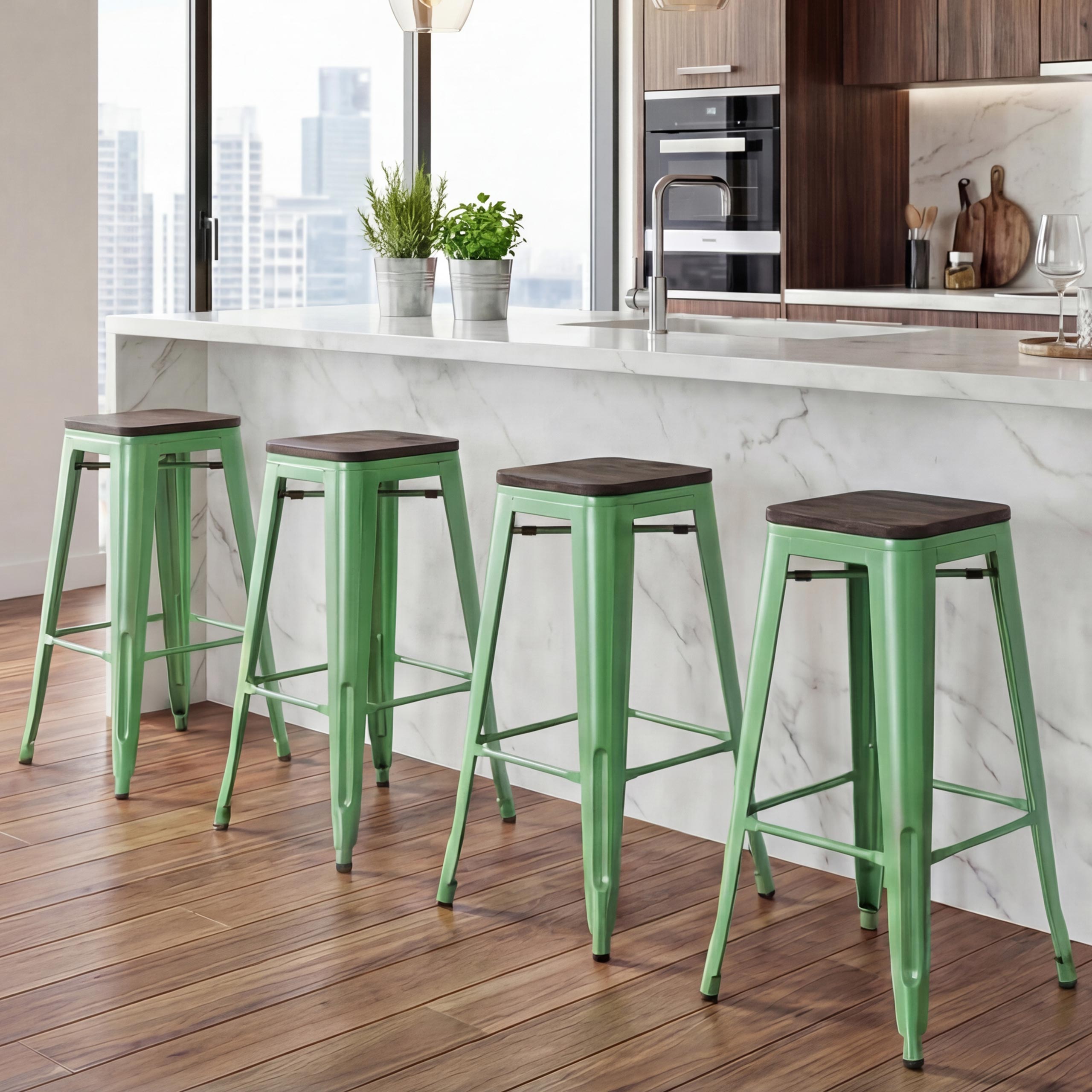 4er-Set Barhocker MCW-A73 inkl. Holz-Sitzfl&auml;che, Barstuhl Tresenhocker, Metall Industriedesign stapelbar ~ gr&uuml;n - Bild 1