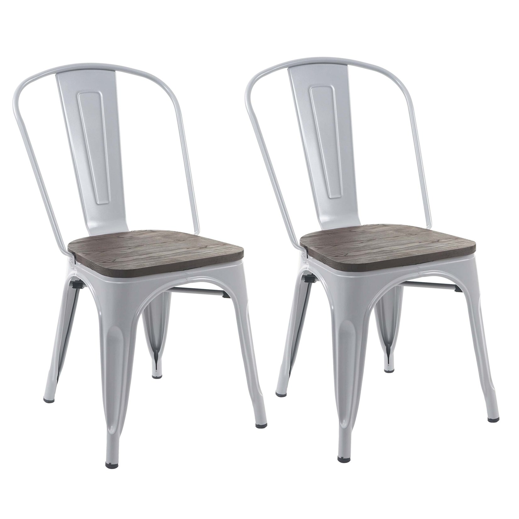2er-Set Stuhl MCW-A73 inkl. Holz-Sitzfläche, Bistrostuhl Stapelstuhl, Metall Industriedesign stapelbar ~ grau