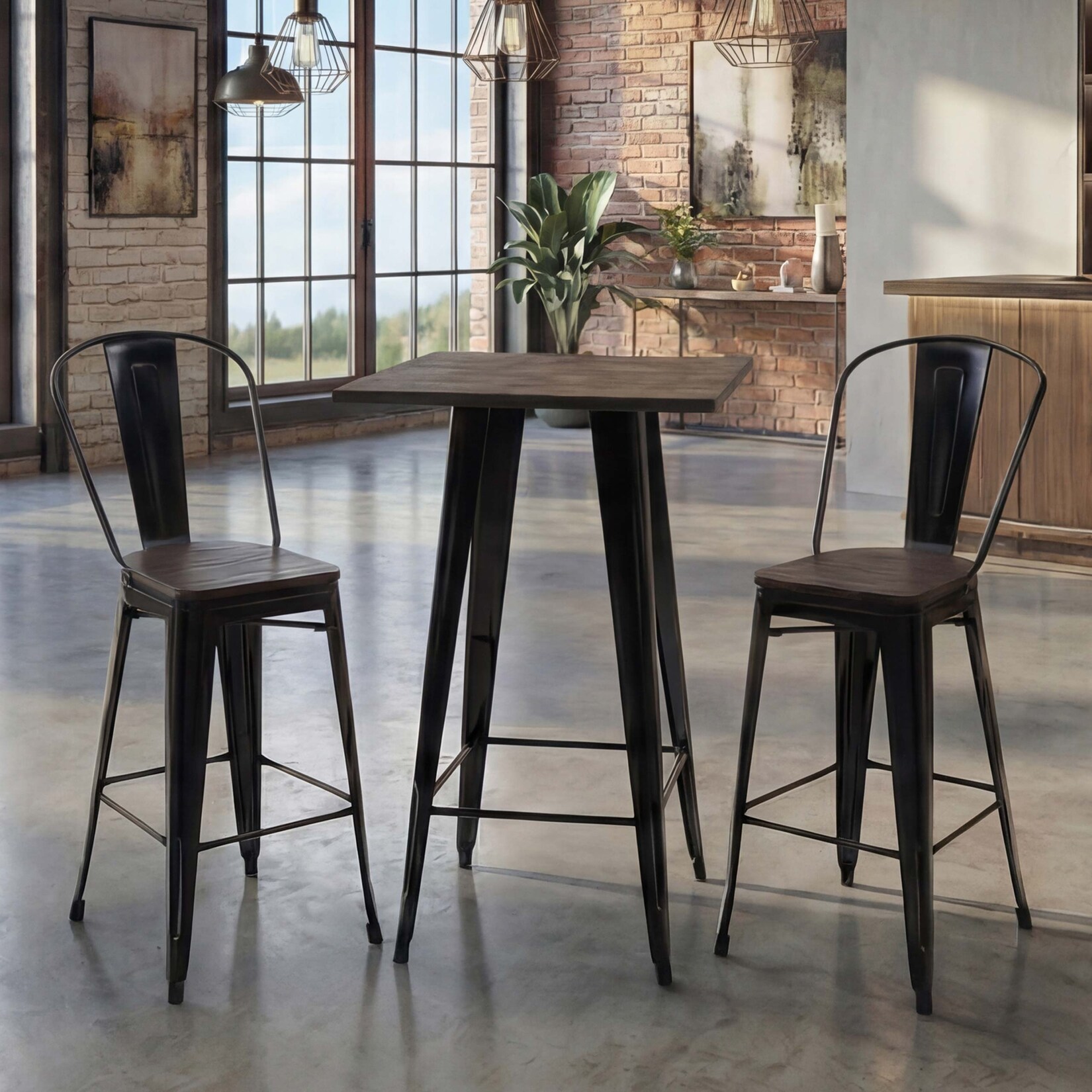 Set Stehtisch + 2x Barhocker MCW-A73 inkl. Holz-Tischplatte, Barstuhl Bartisch, Metall Industriedesign, MVG ~ schwarz | 04057651316116