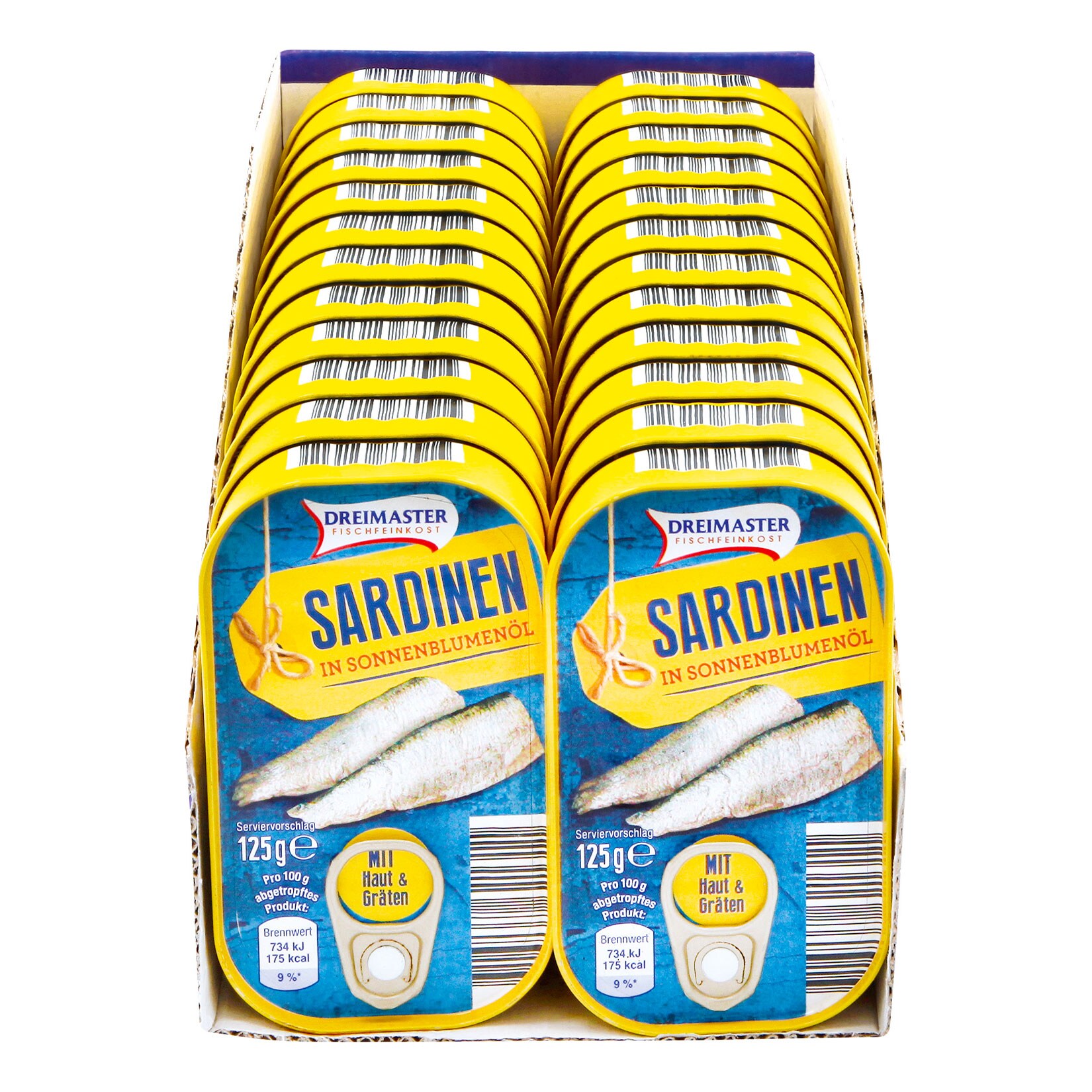 Dreimaster Sardinen mit Haut und Gr&auml;ten 125 g Abtropfgewicht, 24er Pack - Bild 1