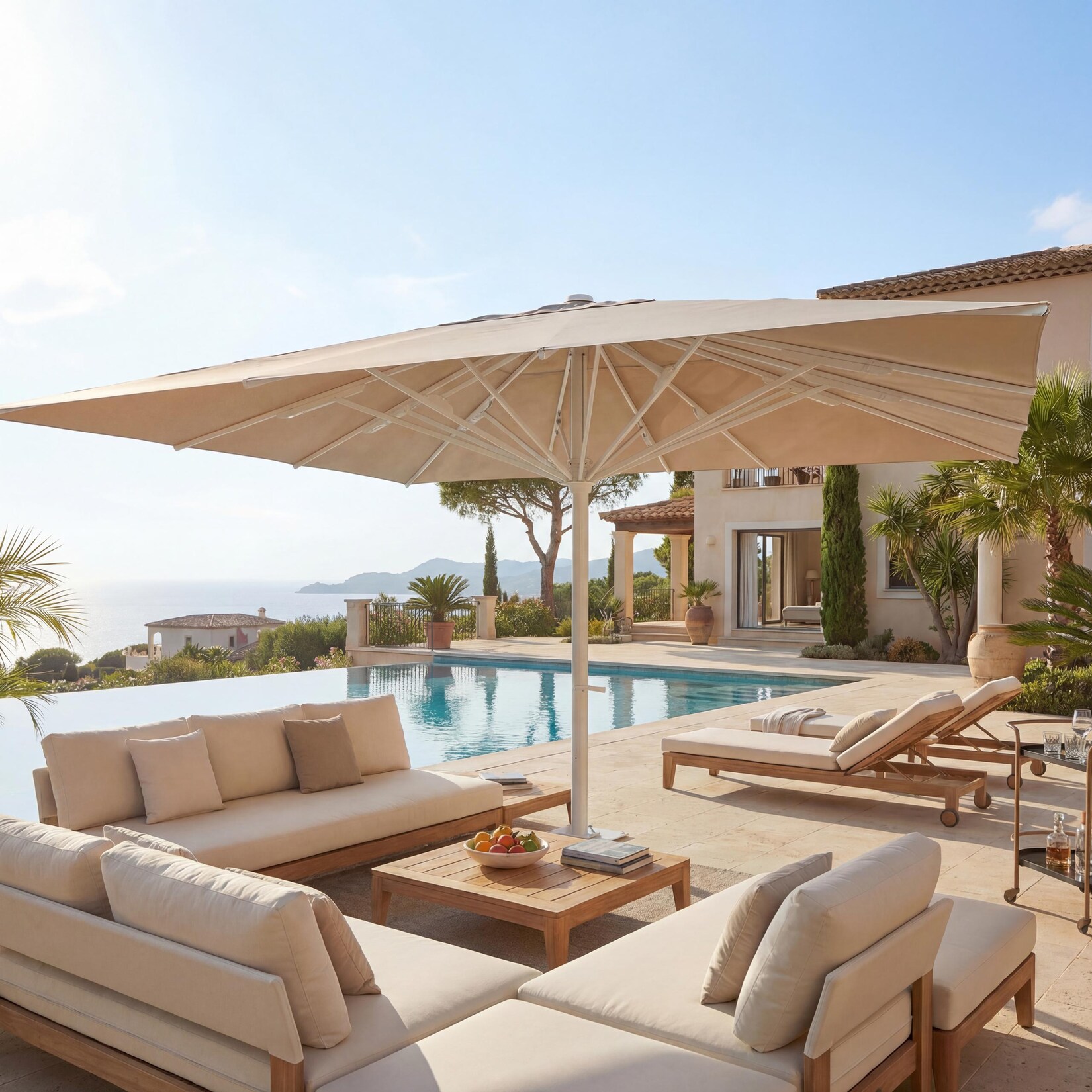 Gastronomie-Luxus-Sonnenschirm MCW-D20b, XXL-Schirm Marktschirm, 5x5m (Ø7,2m) Polyester/Alu 87kg ~ beige | 04057651386676