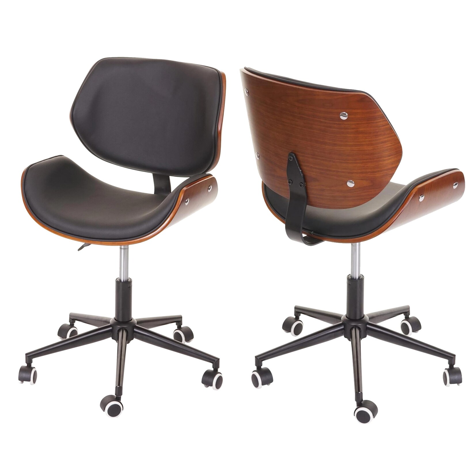Bürostuhl MCW-G25, Drehstuhl Schreibtischstuhl, Bugholz Walnuss-Optik Retro drehbar höhenverstellbar MVG ~ schwarz-braun