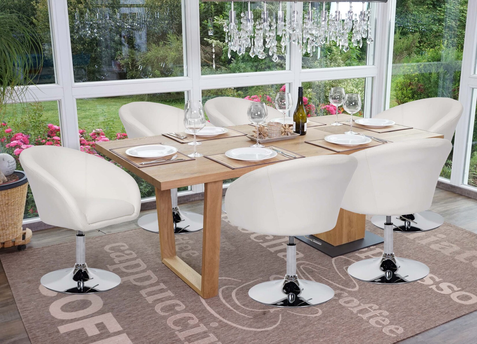 6er-Set Esszimmerstuhl MCW-F19, Küchenstuhl Drehstuhl Loungesessel, drehbar höhenverstellbar ~ Kunstleder weiß