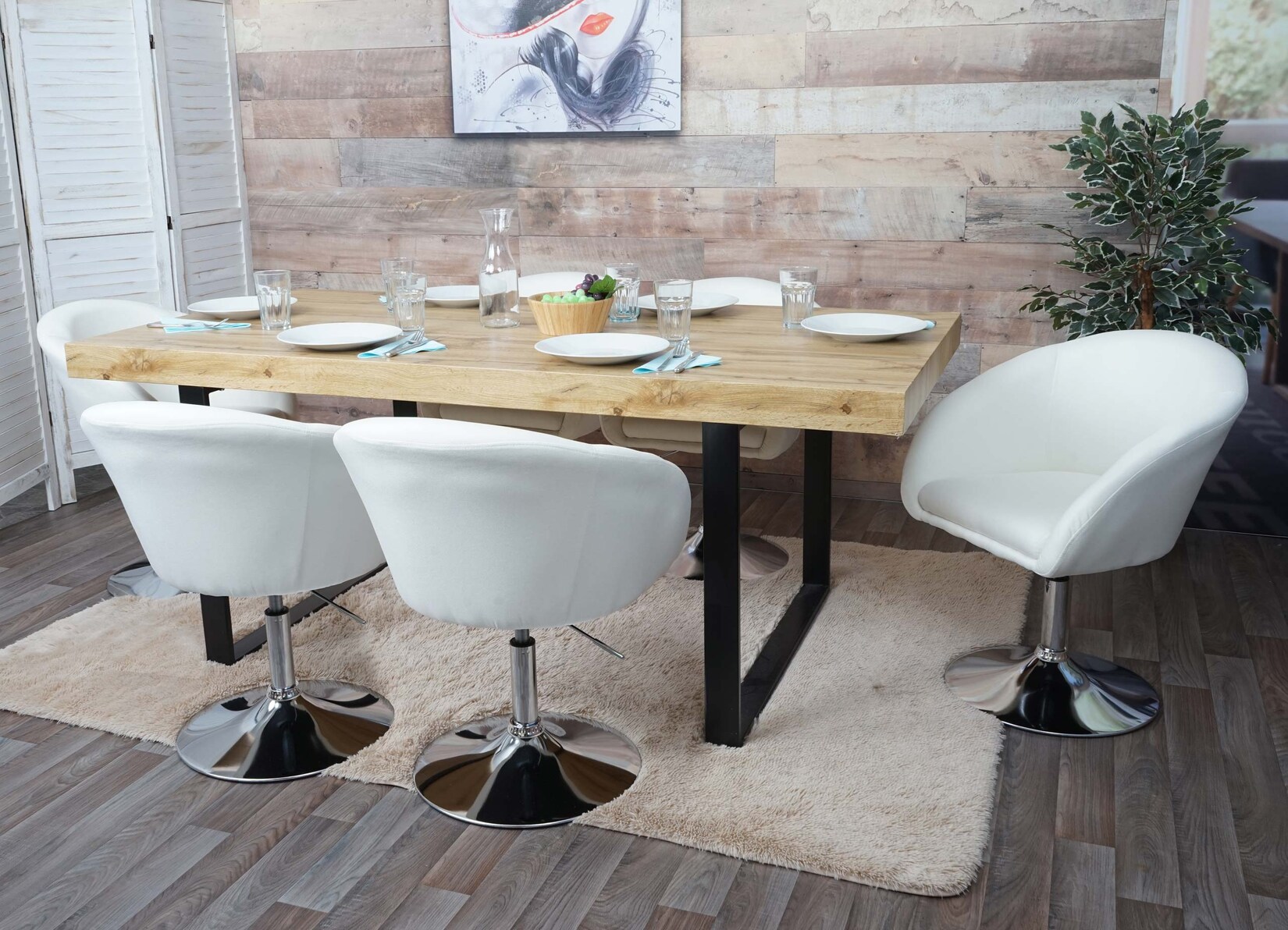 6er-Set Esszimmerstuhl MCW-F19, Küchenstuhl Drehstuhl Loungesessel, drehbar höhenverstellbar ~ Stoff/Textil creme-weiß