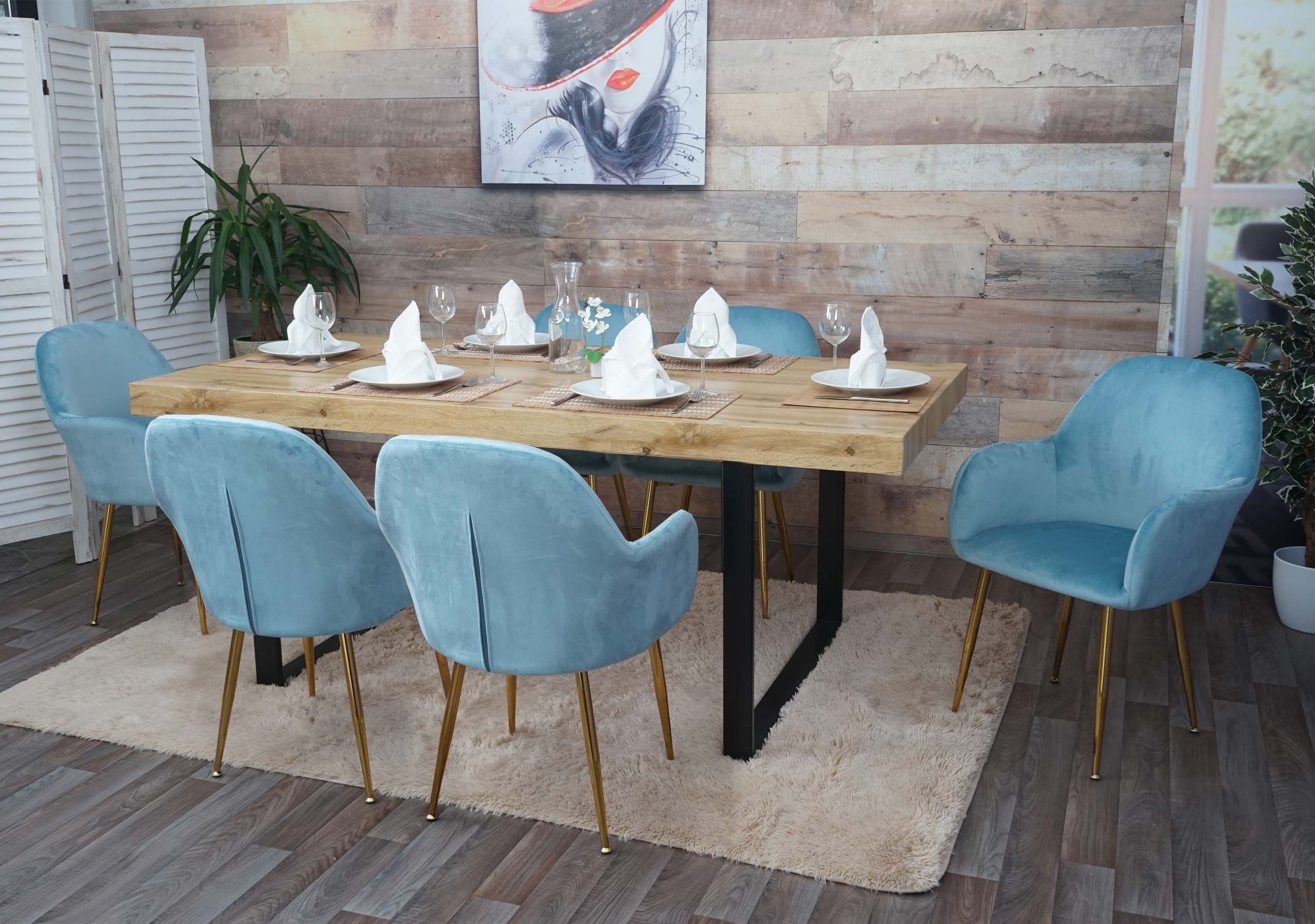 6er-Set Esszimmerstuhl MCW-F18, Stuhl K&uuml;chenstuhl, Retro Design ~ Samt mint, goldene Beine - Bild 1