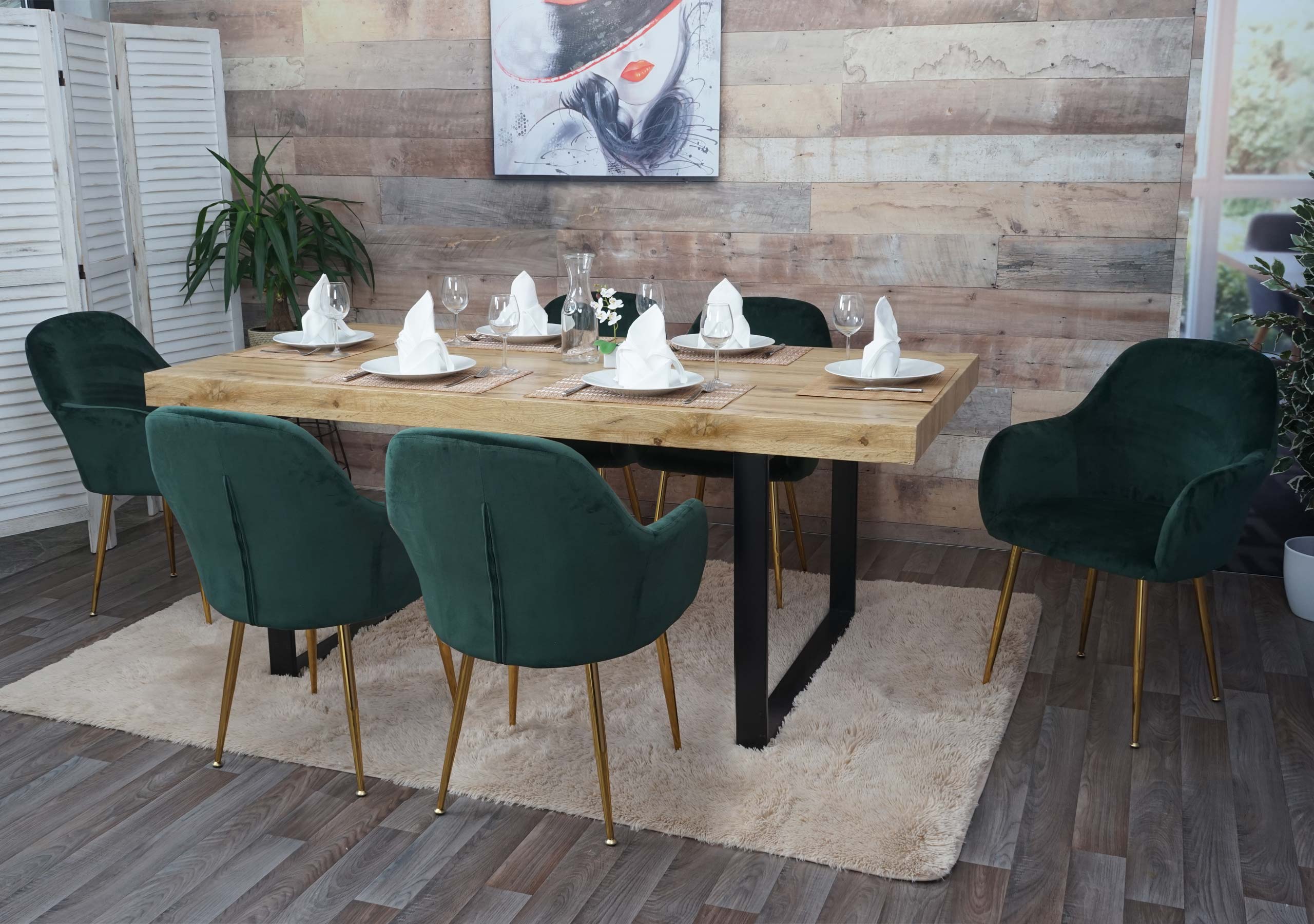 6er-Set Esszimmerstuhl MCW-F18, Stuhl K&uuml;chenstuhl, Retro Design ~ Samt gr&uuml;n, goldene Beine - Bild 1