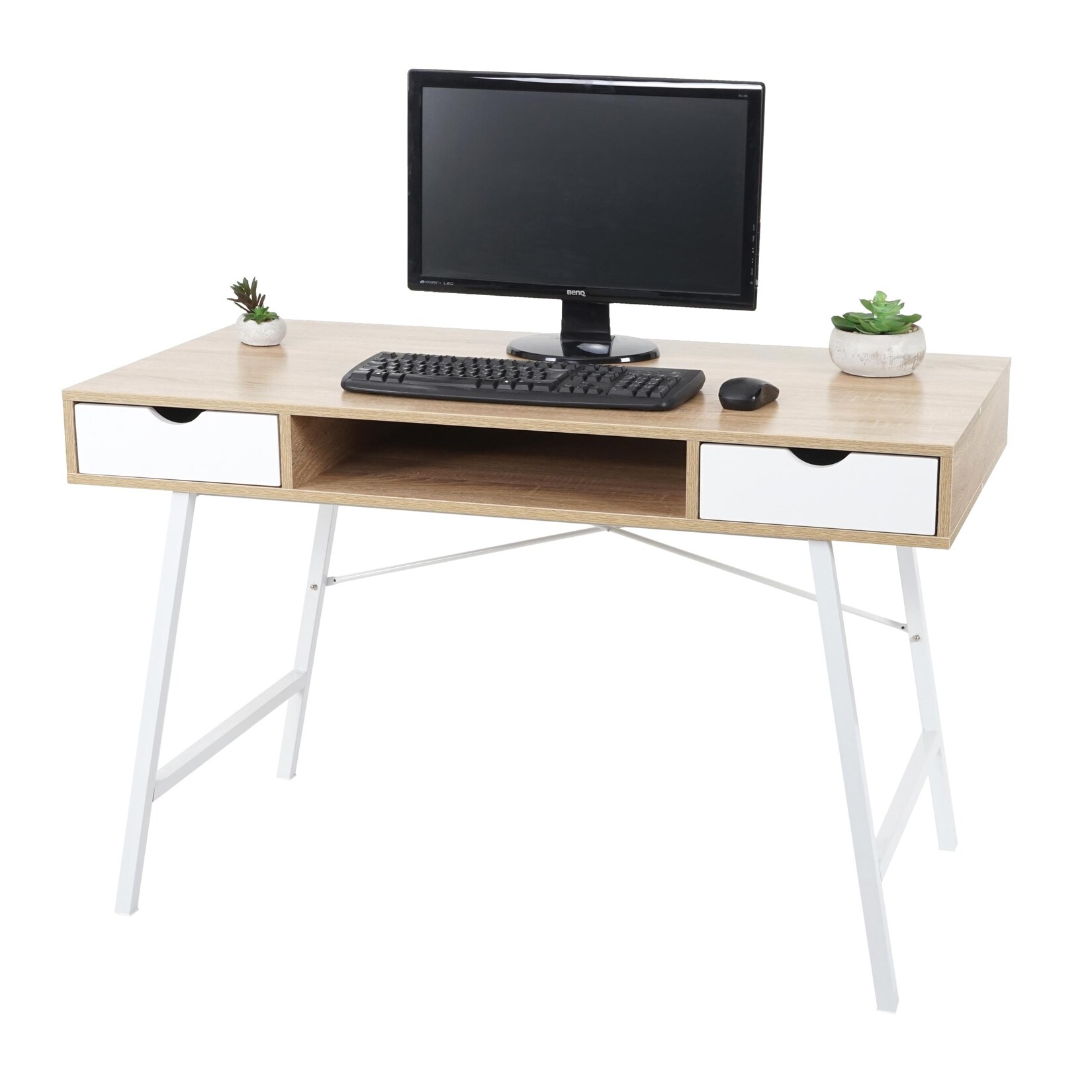 Schreibtisch MCW-E92, Bürotisch Computertisch, 3D-Struktur 120x60cm ~ naturbraun weiß | 04057651309637