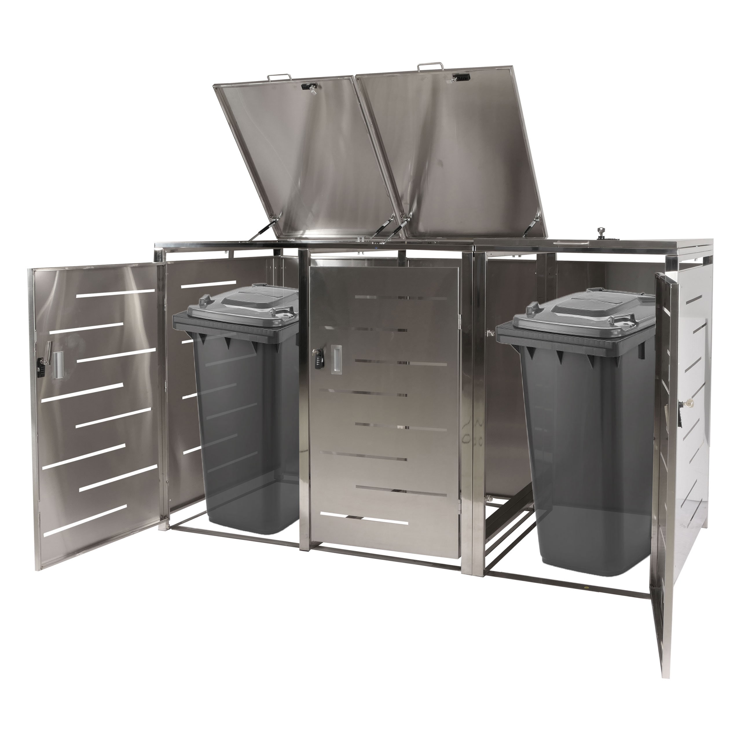 3er-M&uuml;lltonnenverkleidung MCW-E83, M&uuml;lltonnenbox M&uuml;lltonnenabdeckung, erweiterbar 117x197x80cm ~ Edelstahl 68kg - Bild 1