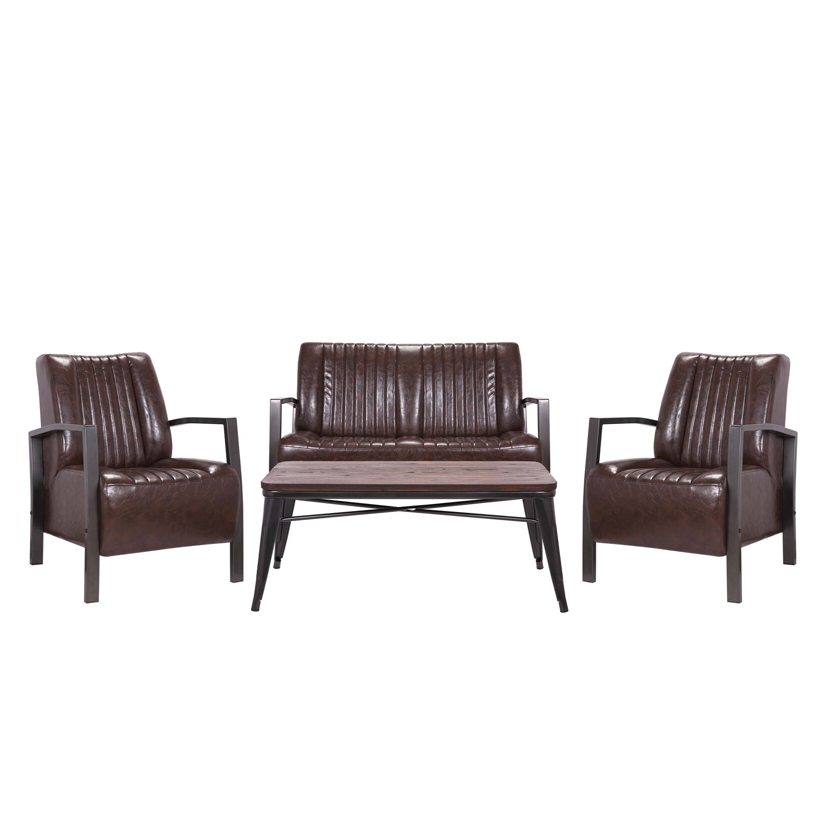 Wohnzimmer-Set MCW-H10, 2er Sofa Polstersessel Couchtisch, Kunstleder Metall Industrial MVG ~ braun | 04057651435985