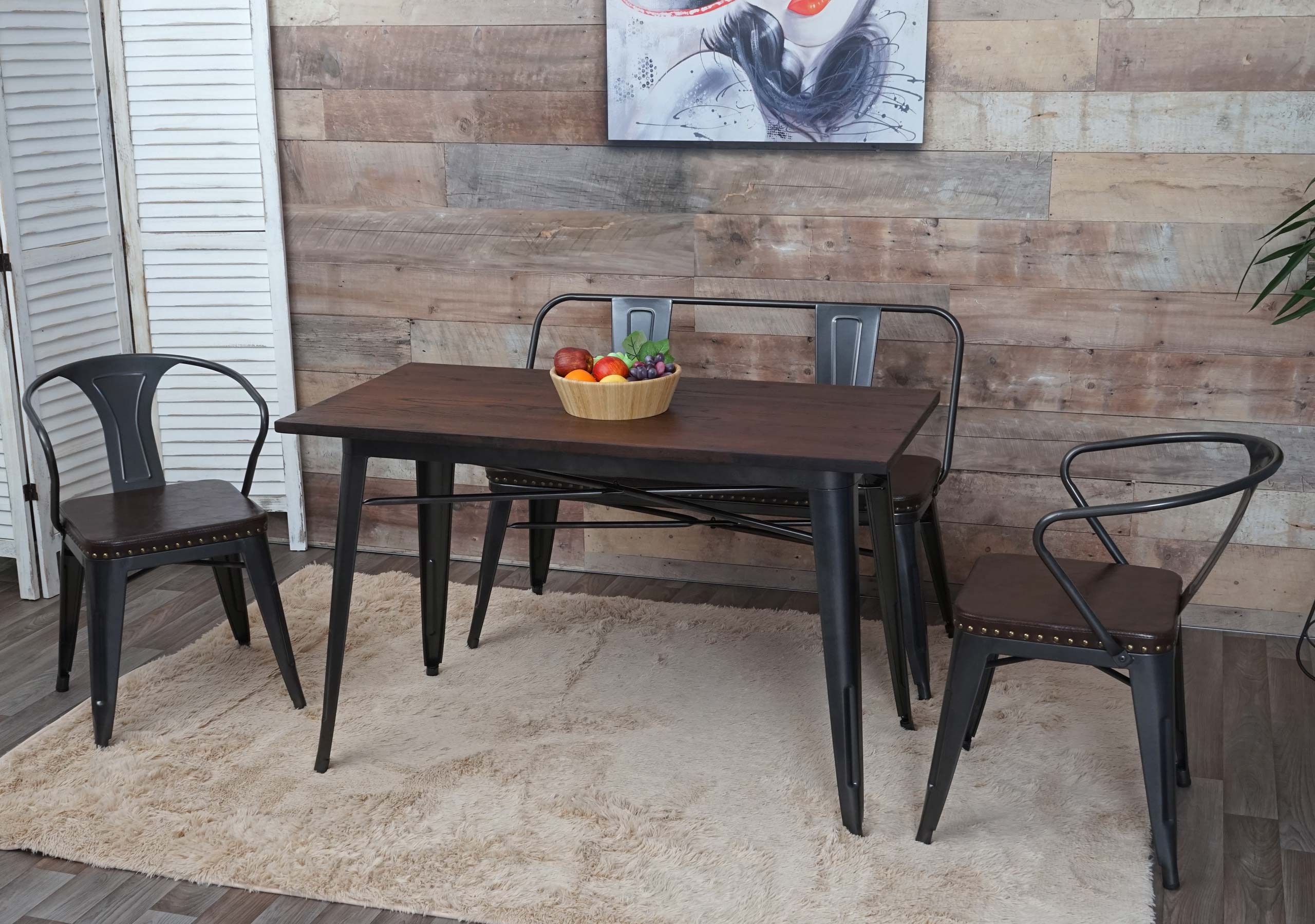 Esszimmer-Set MCW-H10, 2xEsszimmerstuhl Sitzbank Esszimmertisch Kunstleder Ulme Holz MVG Industrial Gastronomie ~ braun - Bild 1