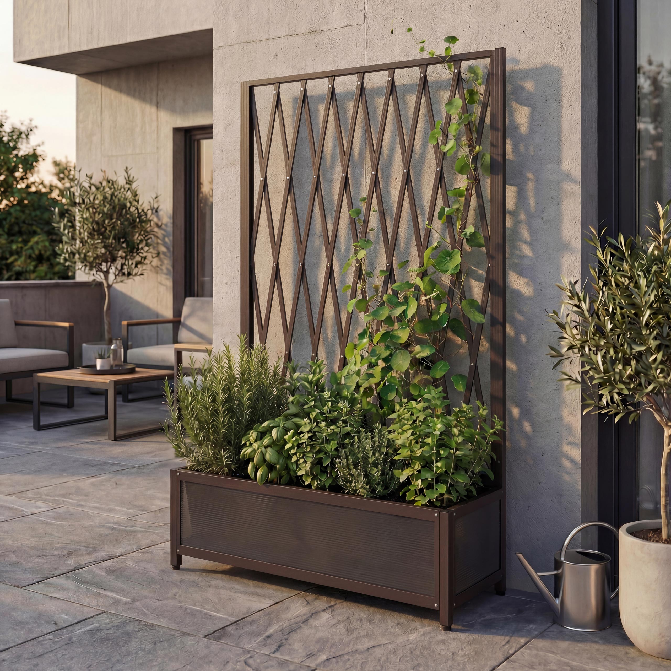 Rankgitter MCW-G21, Scherengitter Rankhilfe Blumenkasten Pflanzk&uuml;bel, Alu+Stahl 152x90x35cm braun - Bild 1