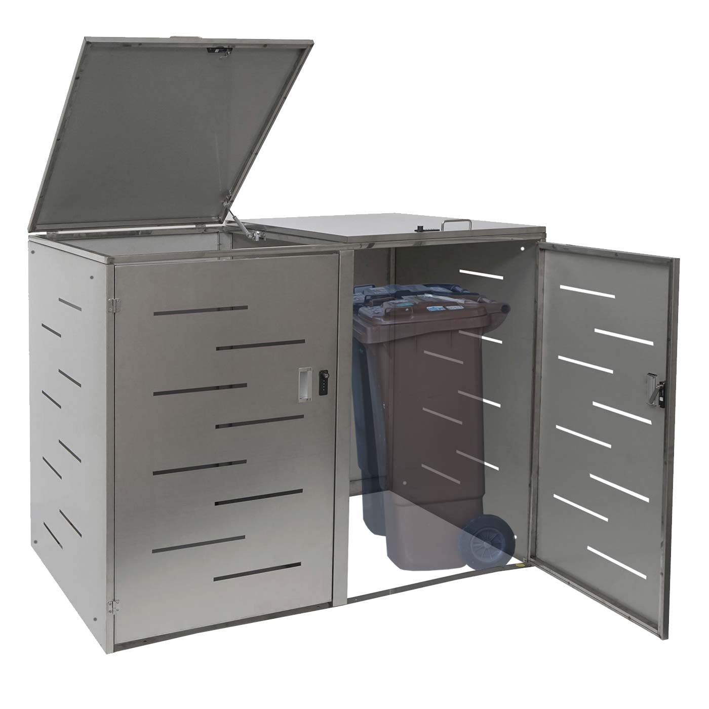 XL 2er-/4er-M&uuml;lltonnenverkleidung MCW-E83, M&uuml;lltonnenbox, erweiterbar 116x141x98cm ~ Edelstahl 50kg - Bild 1