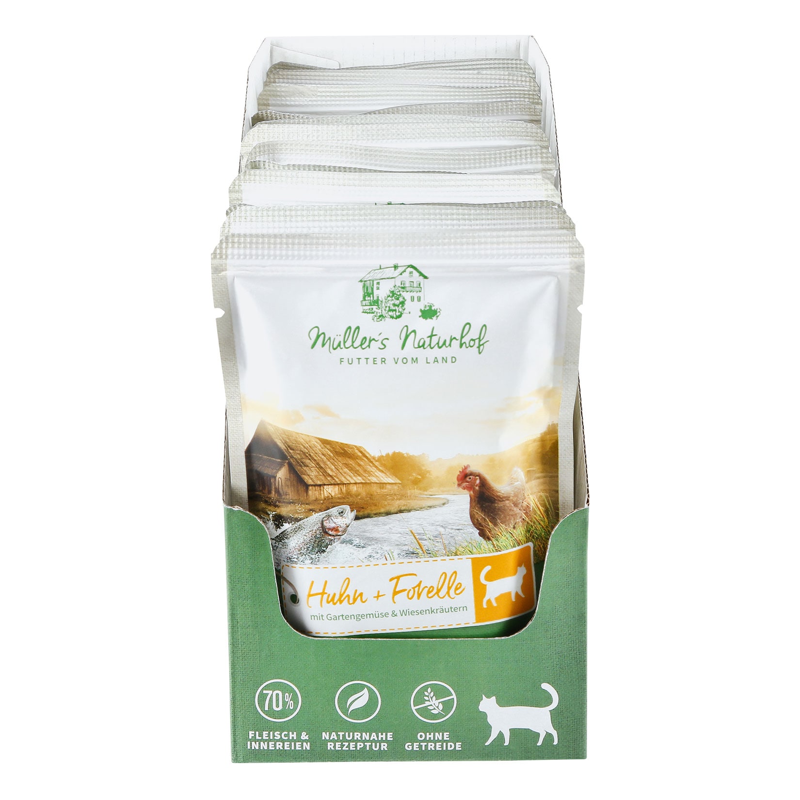 Müllers Naturhof Katzennahrung Huhn & Forelle 100 g, 12er Pack