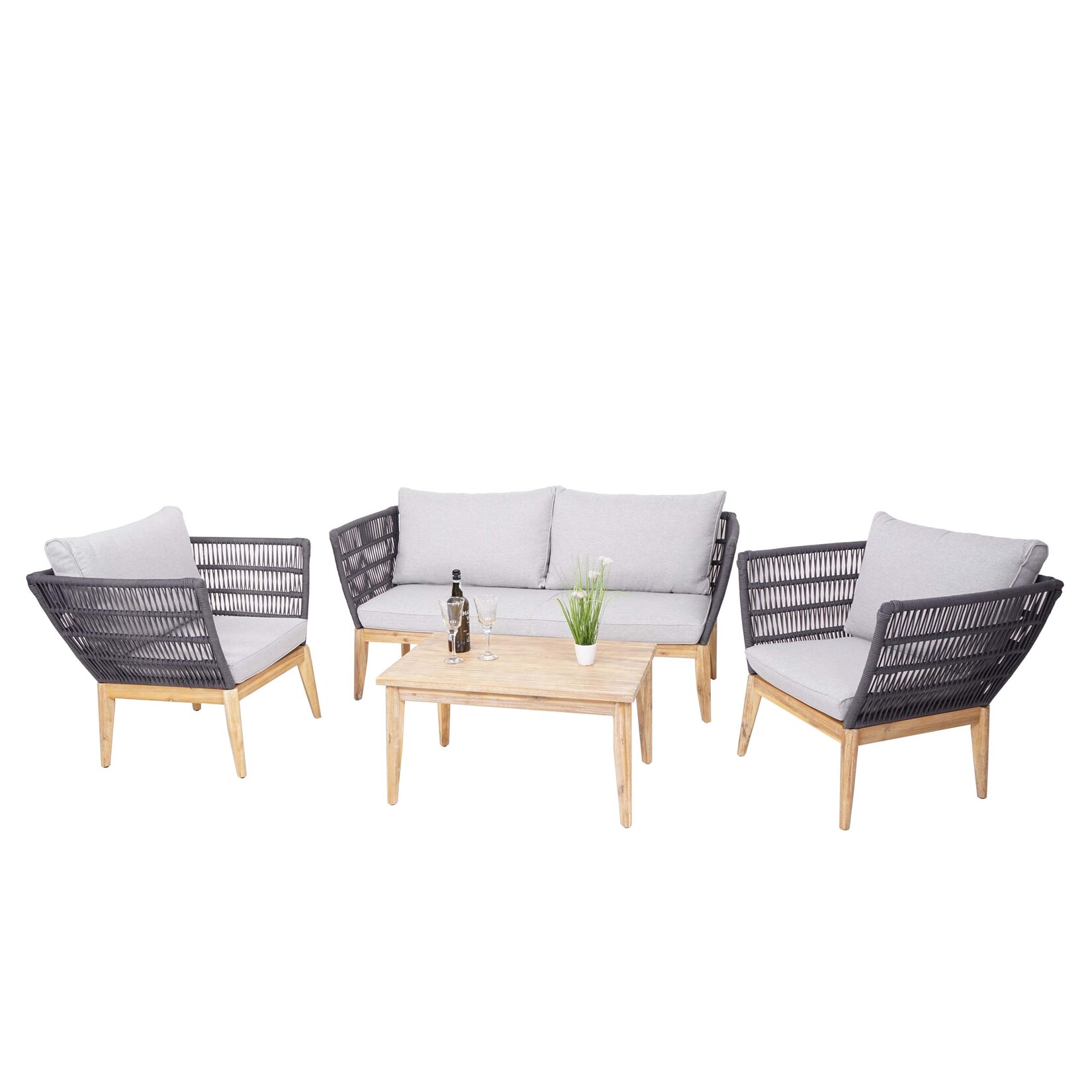 Gartengarnitur MCW-H55, Lounge-Set Sofa Sitzgruppe, Seilgeflecht Rope Holz Akazie Spun Poly MVG ~ Kissen hellgrau | 04057651382821