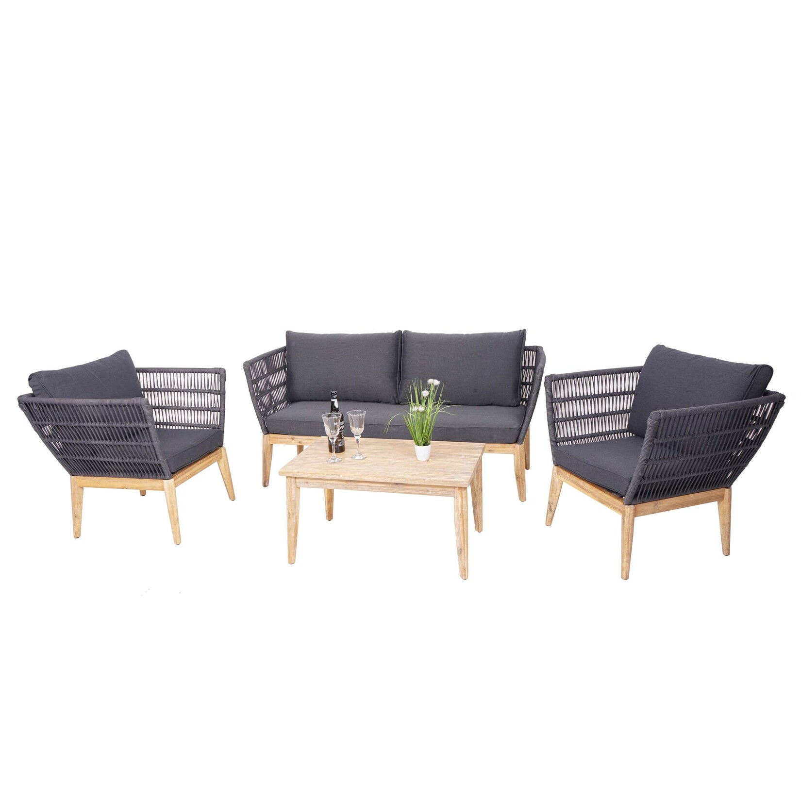 Gartengarnitur MCW-H55, Lounge-Set Sofa Sitzgruppe, Seilgeflecht Rope Holz Akazie Spun Poly MVG ~ Kissen dunkelgrau | 04057651382852