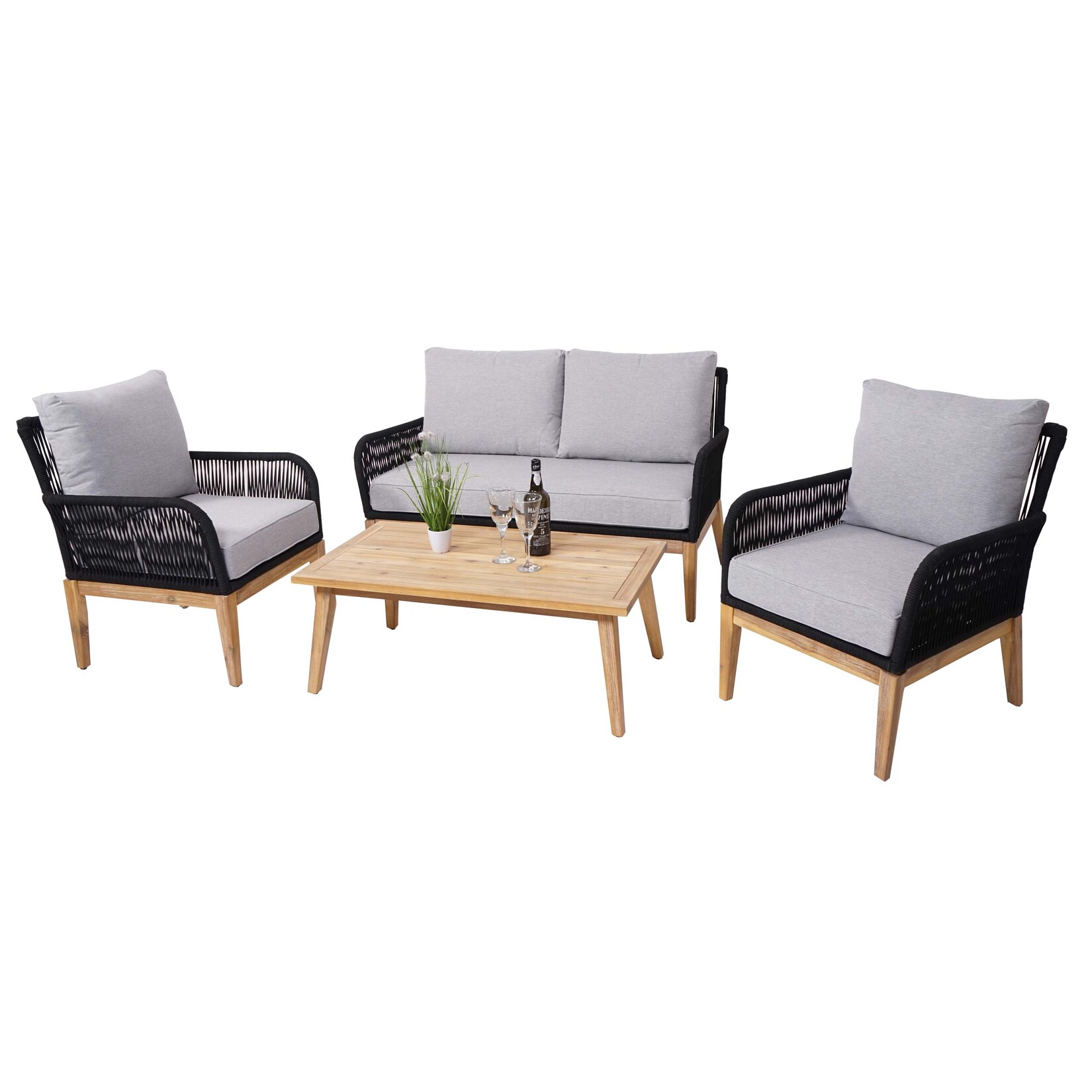 Gartengarnitur MCW-H58, Lounge-Set Sofa Sitzgruppe, Seilgeflecht Rope Holz Akazie Spun Poly MVG ~ Kissen hellgrau | 04057651320755