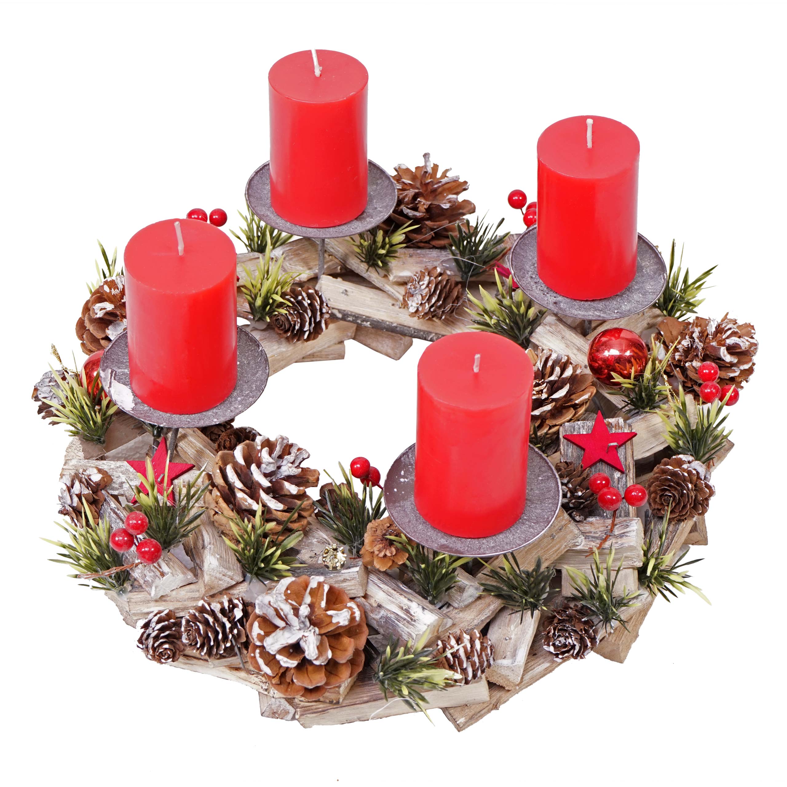 Adventskranz MCW-H50, Weihnachtsdeko Adventsgesteck Weihnachtsgesteck, Holz rund &Oslash; 33cm MVG ~ inkl. 4x Kerzen rot - Bild 1