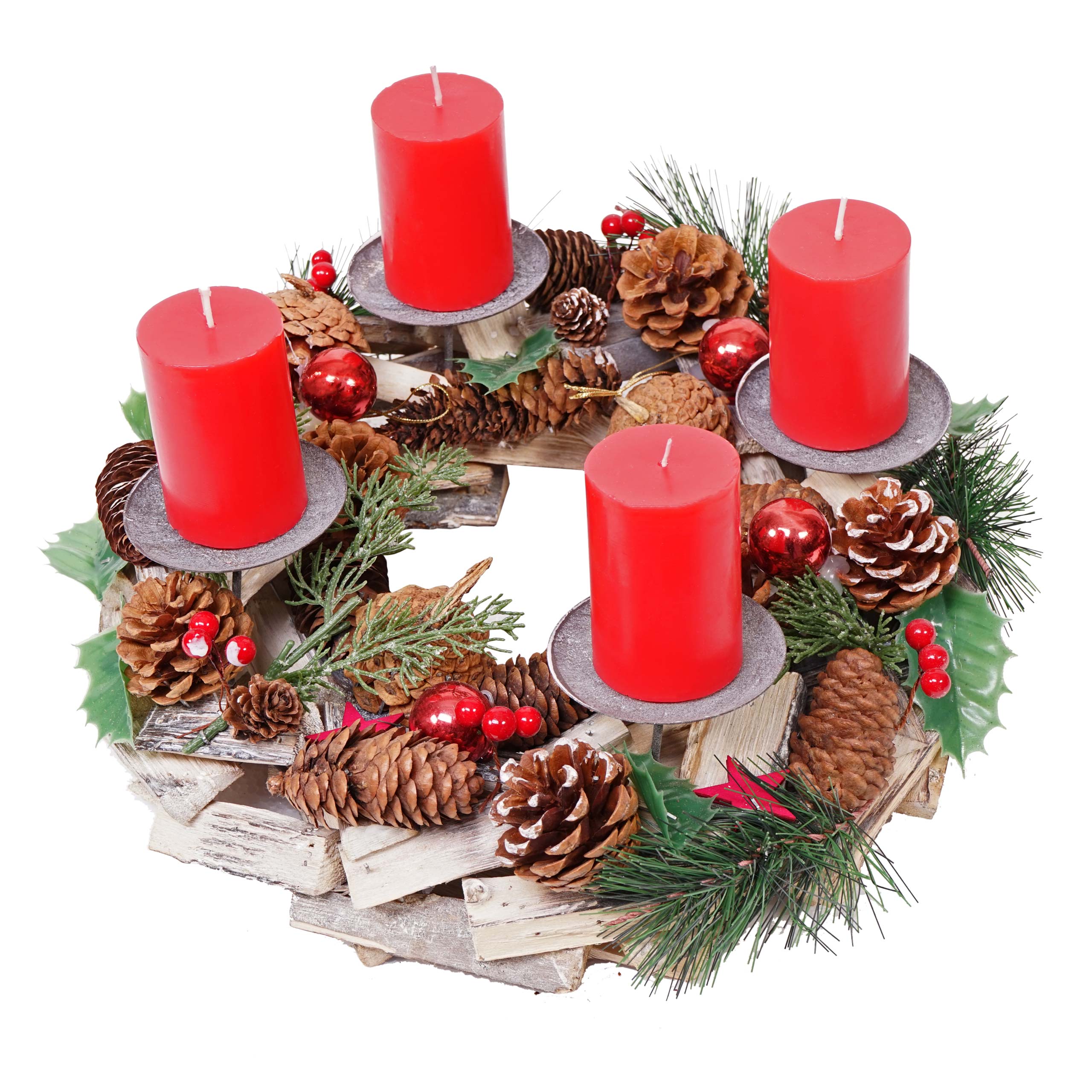 Adventskranz MCW-H49, Weihnachtsdeko Adventsgesteck Gesteck, Holz MVG-zertifiziert rund &Oslash; 33cm ~ inkl. 4x Kerzen rot - Bild 1