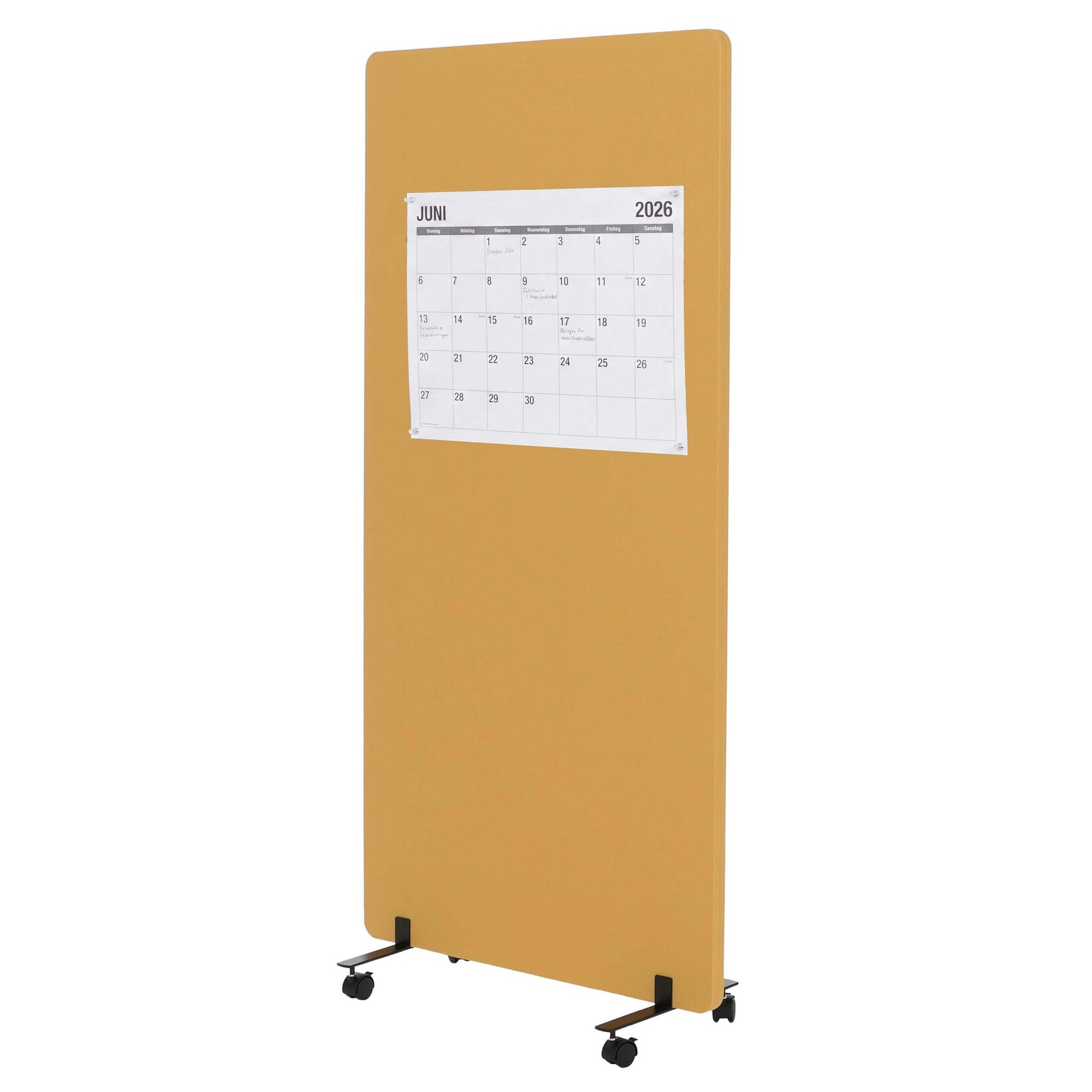 Akustik-Trennwand MCW-G77, Büro-Sichtschutz Raumteiler Pinnwand, doppelwandig rollbar Stoff/Textil ~ 167x80cm gelb