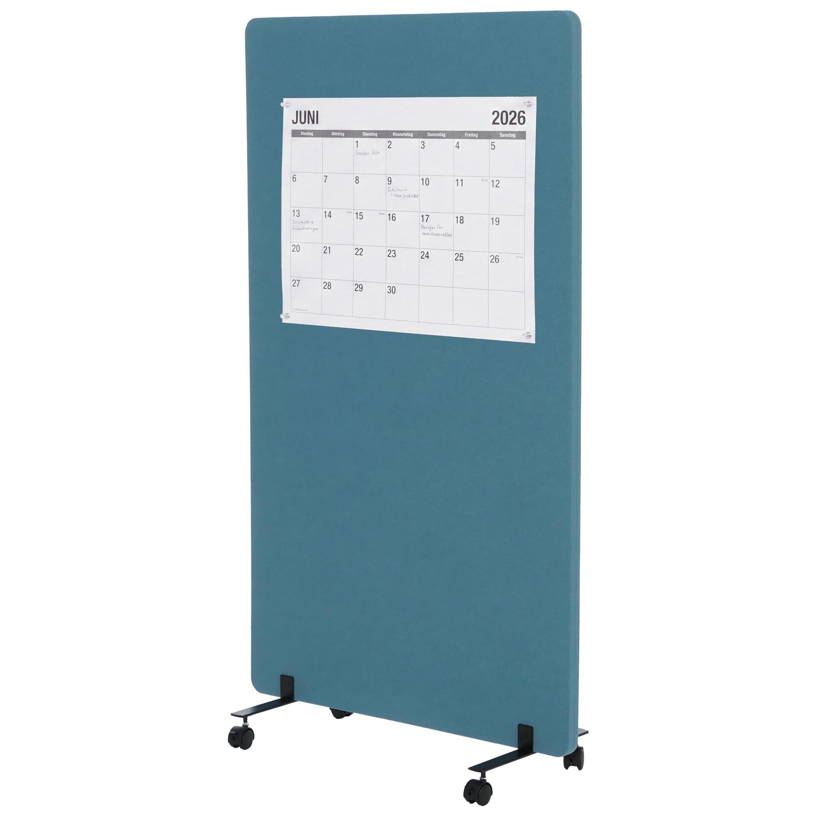 Akustik-Trennwand MCW-G77, Büro-Sichtschutz Raumteiler Pinnwand, doppelwandig rollbar Stoff/Textil ~ 147x80cm türkis