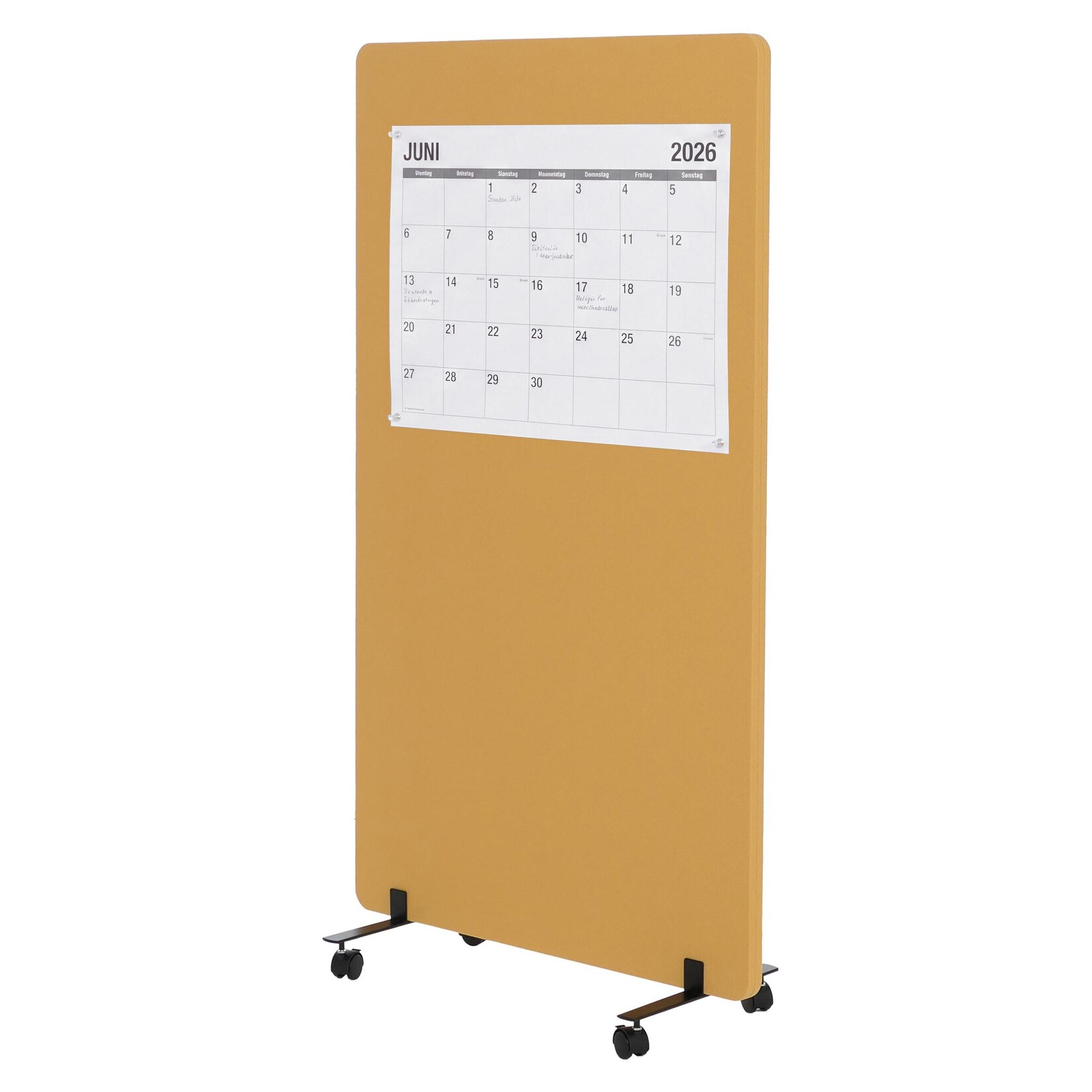 Akustik-Trennwand MCW-G77, Büro-Sichtschutz Raumteiler Pinnwand, doppelwandig rollbar Stoff/Textil ~ 147x80cm gelb