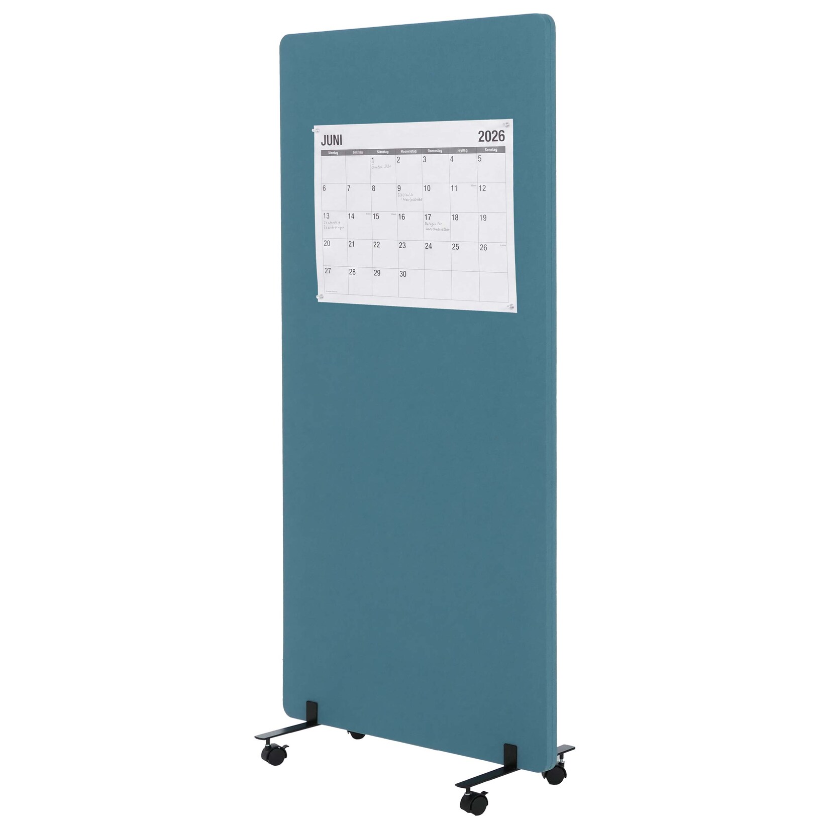 Akustik-Trennwand MCW-G77, Büro-Sichtschutz Raumteiler Pinnwand, doppelwandig rollbar Stoff/Textil ~ 167x80cm türkis
