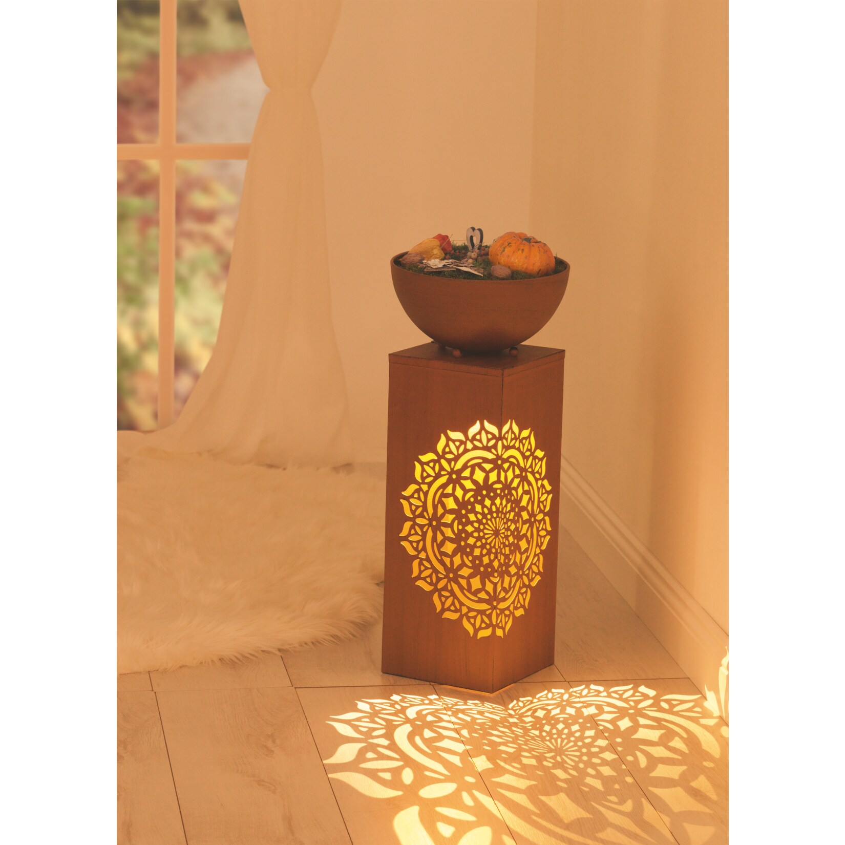 EASYmaxx LED-Dekos&auml;ule Rost-Optik Mandala 59cm 3V braun mit Pflanzschale - Bild 1