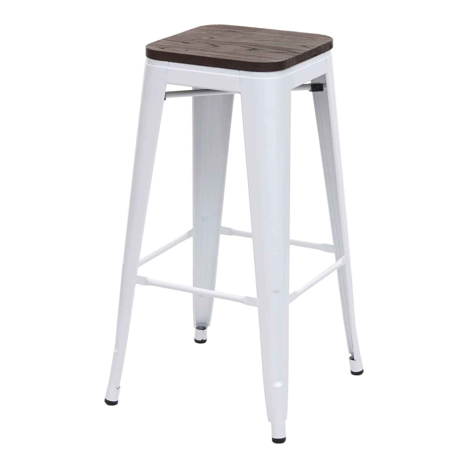 Barhocker MCW-A73 inkl. Holz-Sitzfläche, Barstuhl Tresenhocker, Metall Industriedesign stapelbar ~ weiß