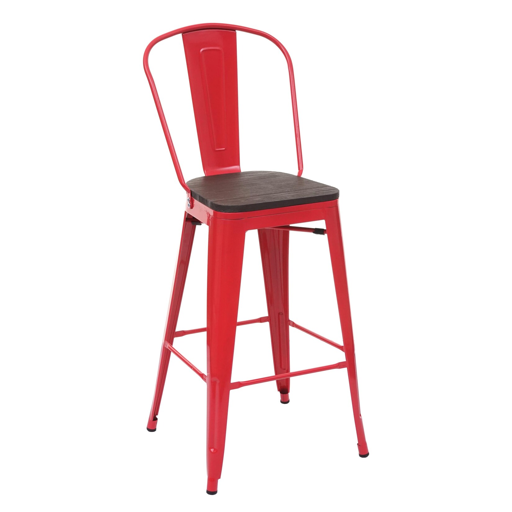 Barhocker MCW-A73 inkl. Holz-Sitzfläche, Barstuhl Tresenhocker mit Lehne, Metall Industriedesign ~ rot