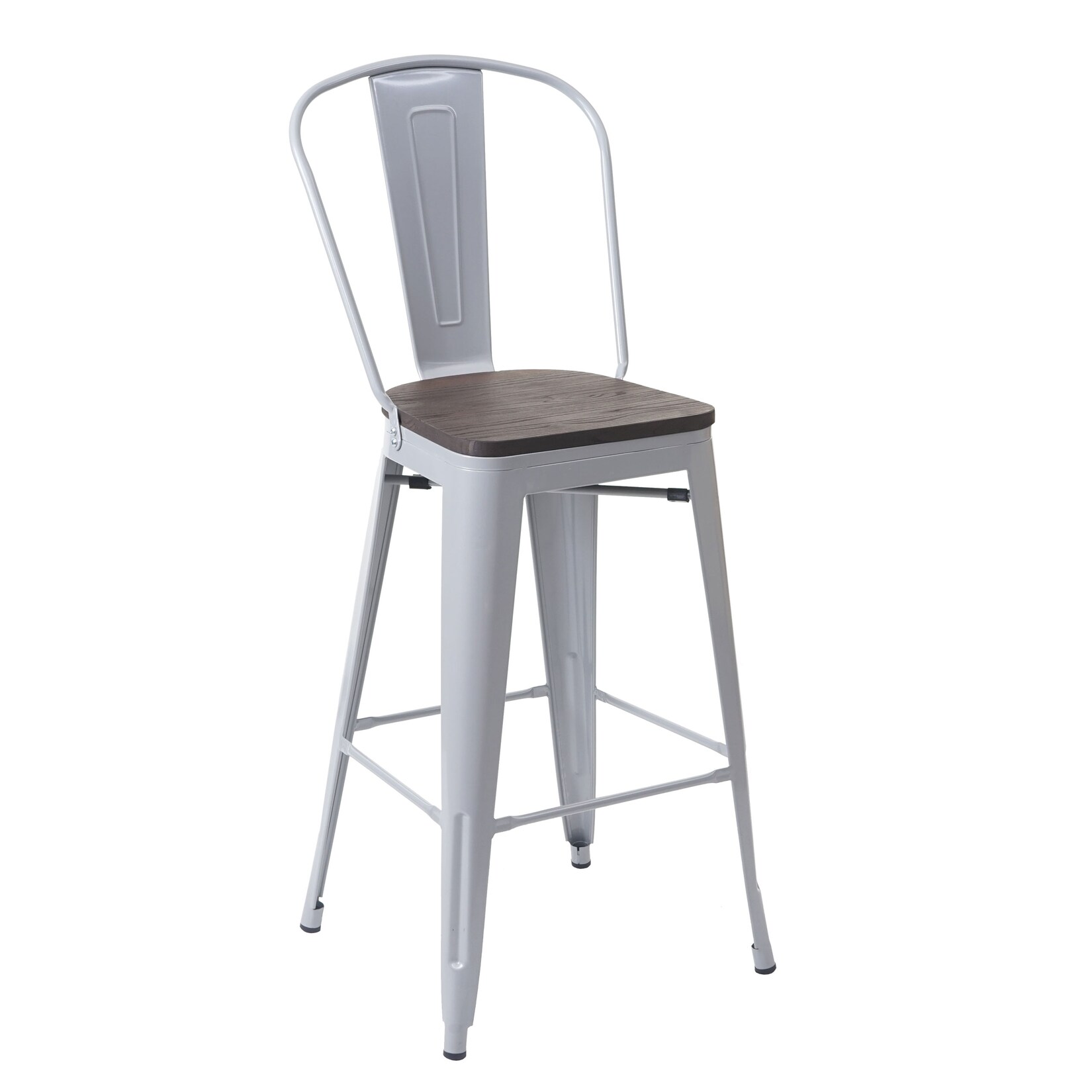 Barhocker MCW-A73 inkl. Holz-Sitzfläche, Barstuhl Tresenhocker mit Lehne, Metall Industriedesign ~ grau