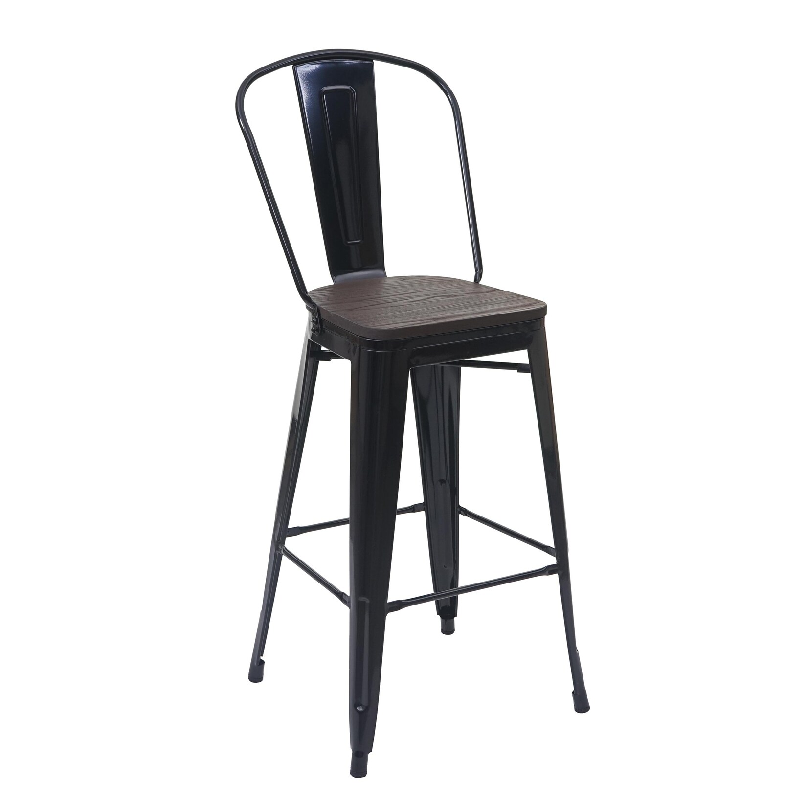 Barhocker MCW-A73 inkl. Holz-Sitzfläche, Barstuhl Tresenhocker mit Lehne, Metall Industriedesign ~ schwarz