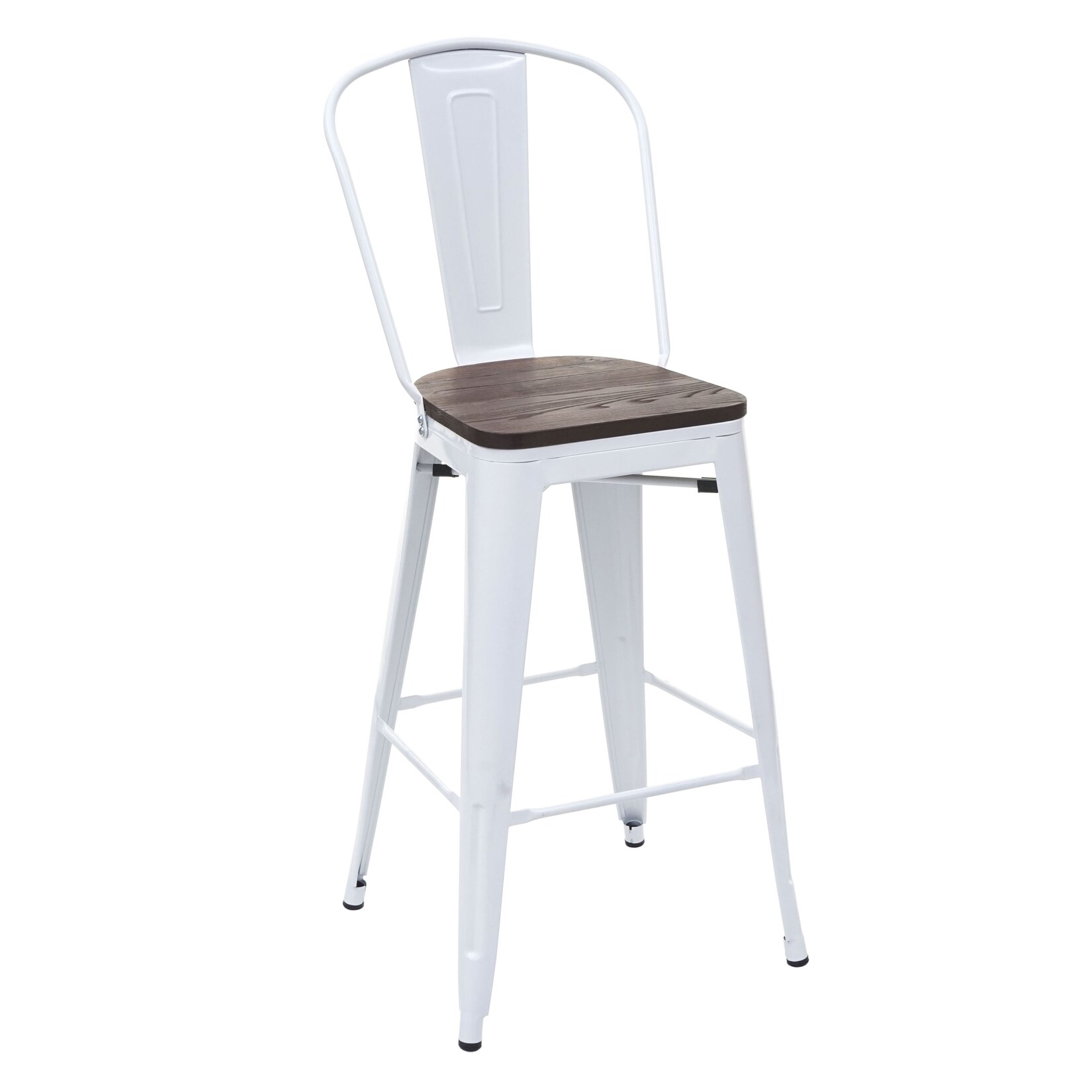 Barhocker MCW-A73 inkl. Holz-Sitzfläche, Barstuhl Tresenhocker mit Lehne, Metall Industriedesign ~ weiß