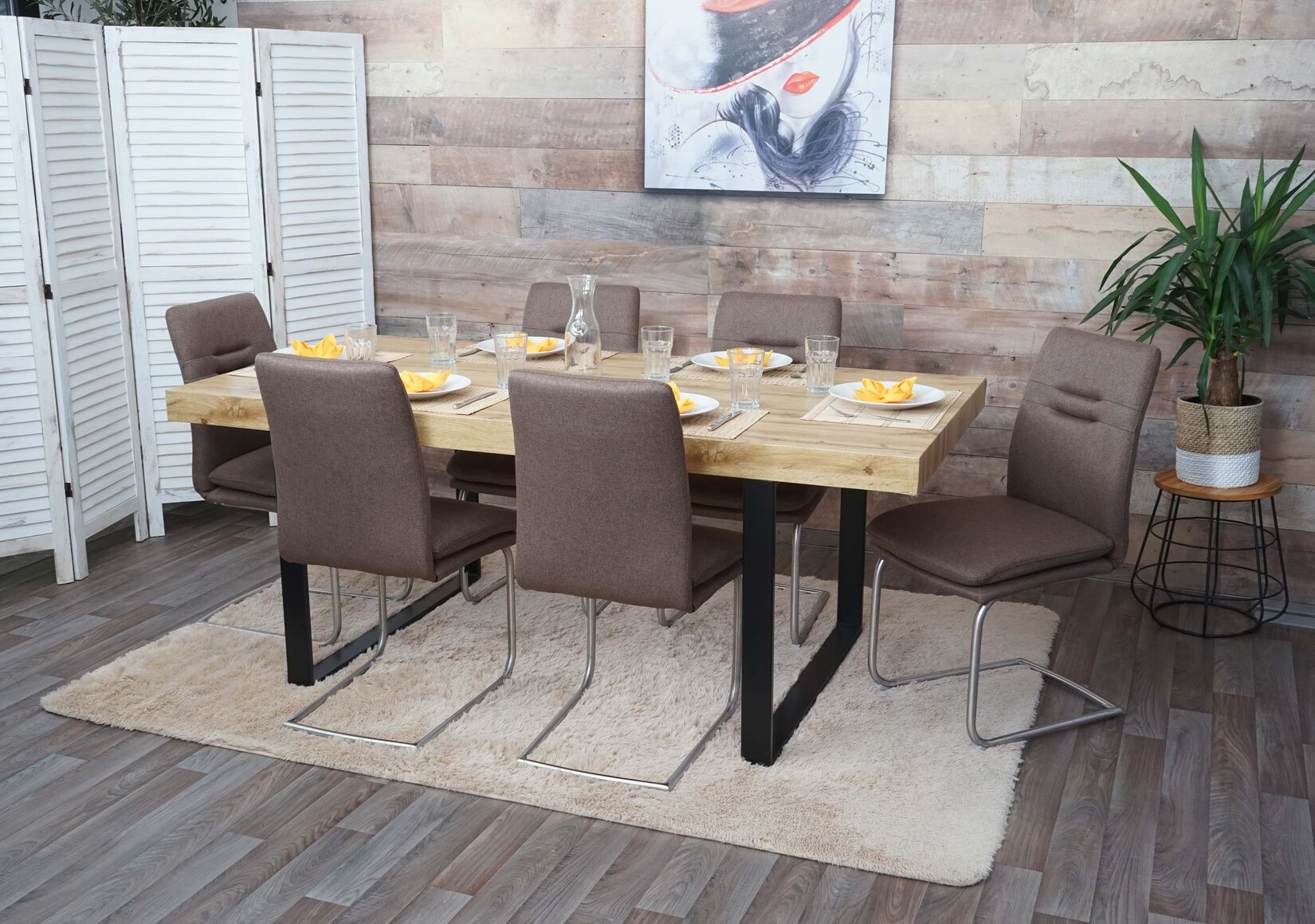6er-Set Esszimmerstuhl MCW-H70, Küchenstuhl Freischwinger Stuhl, Stoff/Textil Edelstahl gebürstet ~ braun