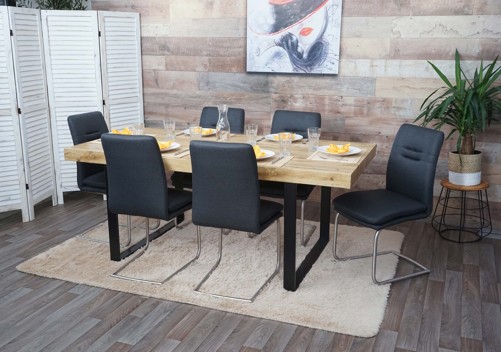 6er-Set Esszimmerstuhl MCW-H70, Küchenstuhl Freischwinger Stuhl, Stoff/Textil Edelstahl gebürstet ~ dunkelgrau