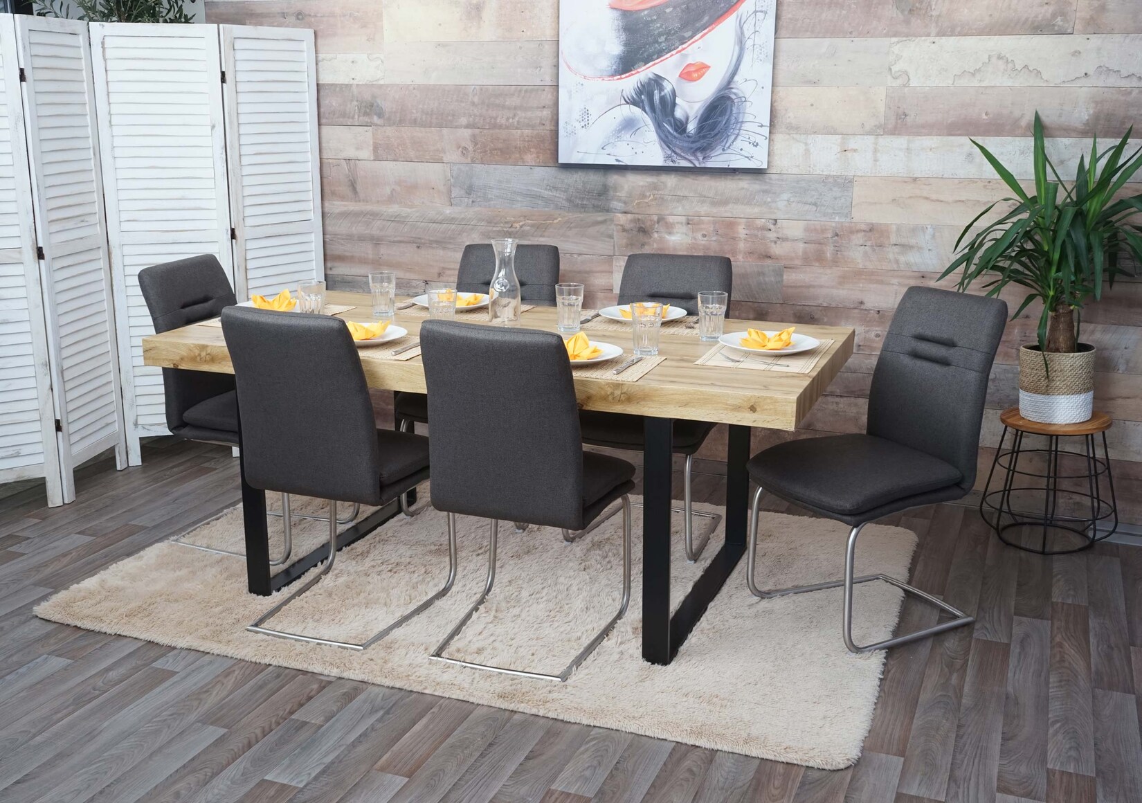 6er-Set Esszimmerstuhl MCW-H70, Küchenstuhl Freischwinger Stuhl, Stoff/Textil Edelstahl gebürstet ~ grau-braun