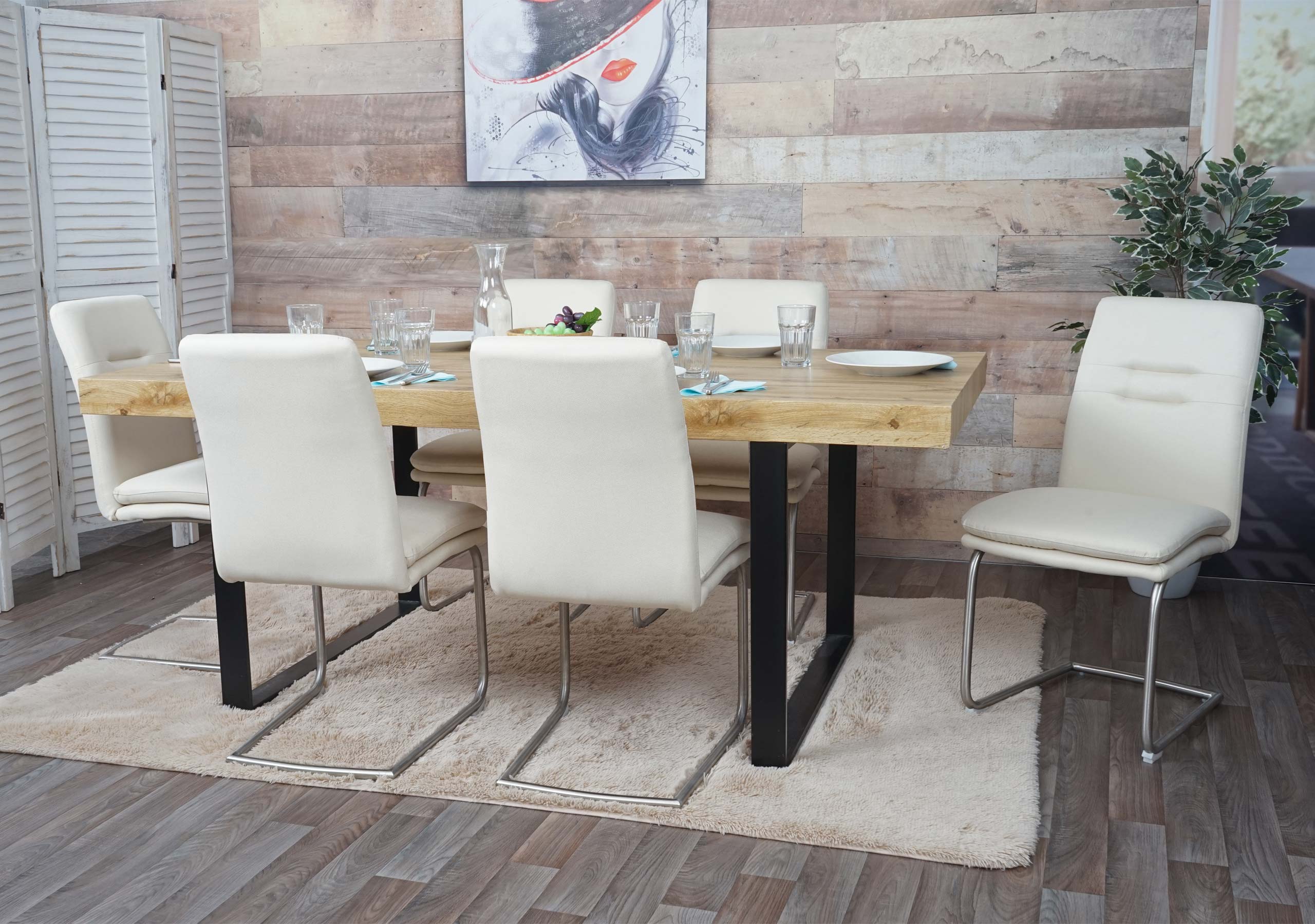 6er-Set Esszimmerstuhl MCW-H70, K&uuml;chenstuhl Freischwinger Stuhl, Stoff/Textil Edelstahl geb&uuml;rstet ~ creme-beige - Bild 1