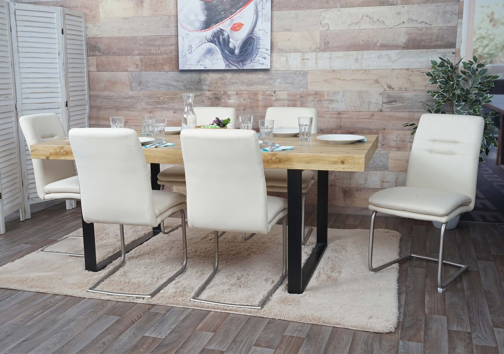 6er-Set Esszimmerstuhl MCW-H70, Küchenstuhl Freischwinger Stuhl, Stoff/Textil Edelstahl gebürstet ~ creme-beige