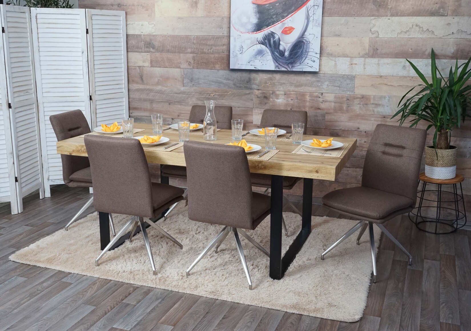 6er-Set Esszimmerstuhl MCW-H70, Küchenstuhl Lehnstuhl Stuhl, Stoff/Textil Edelstahl gebürstet ~ braun