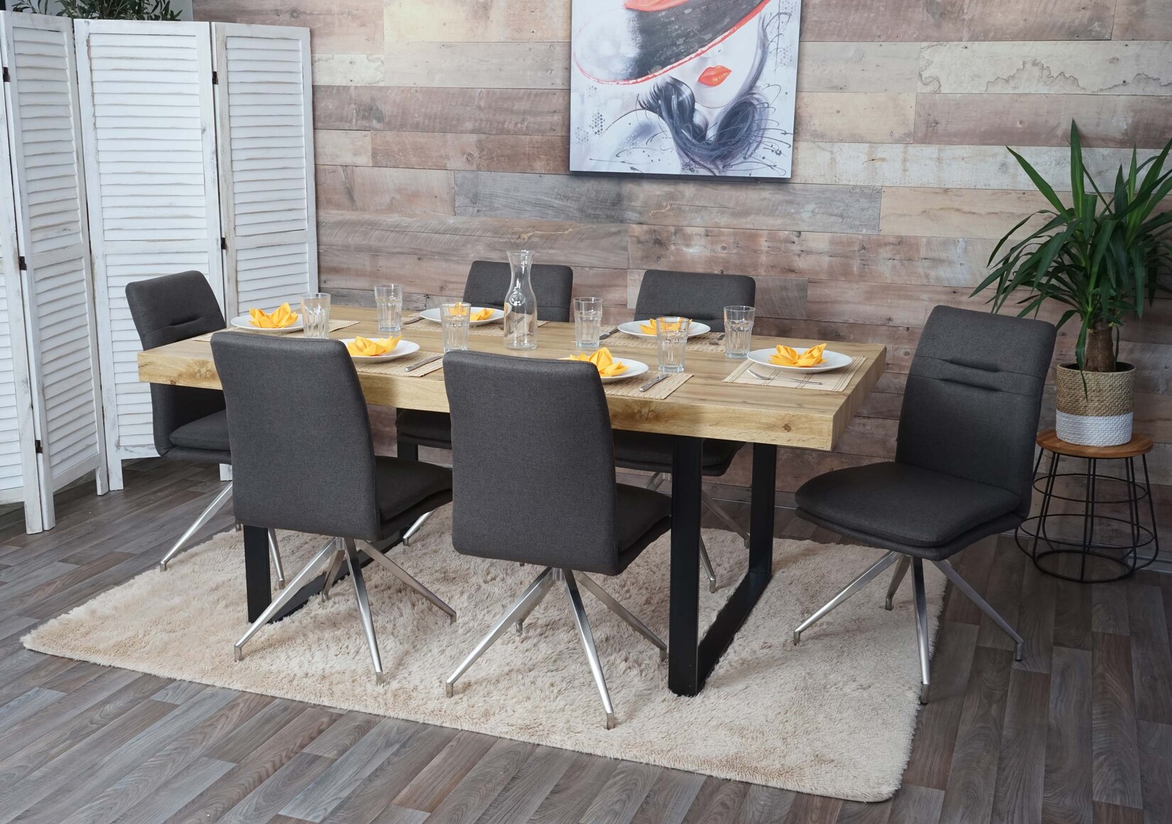 6er-Set Esszimmerstuhl MCW-H70, Küchenstuhl Lehnstuhl Stuhl, Stoff/Textil Edelstahl gebürstet ~ grau-braun