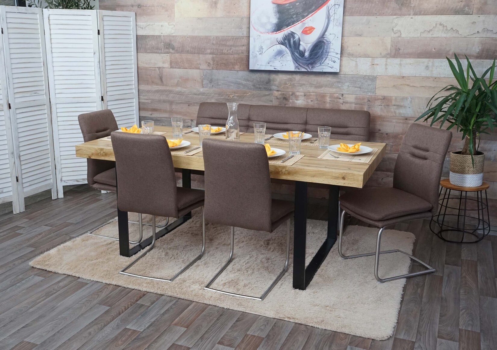Esszimmer-Set MCW-H70, Esszimmergruppe Sitzgruppe Esszimmergarnitur, Stoff/Textil Edelstahl gebürstet ~ braun 160cm
