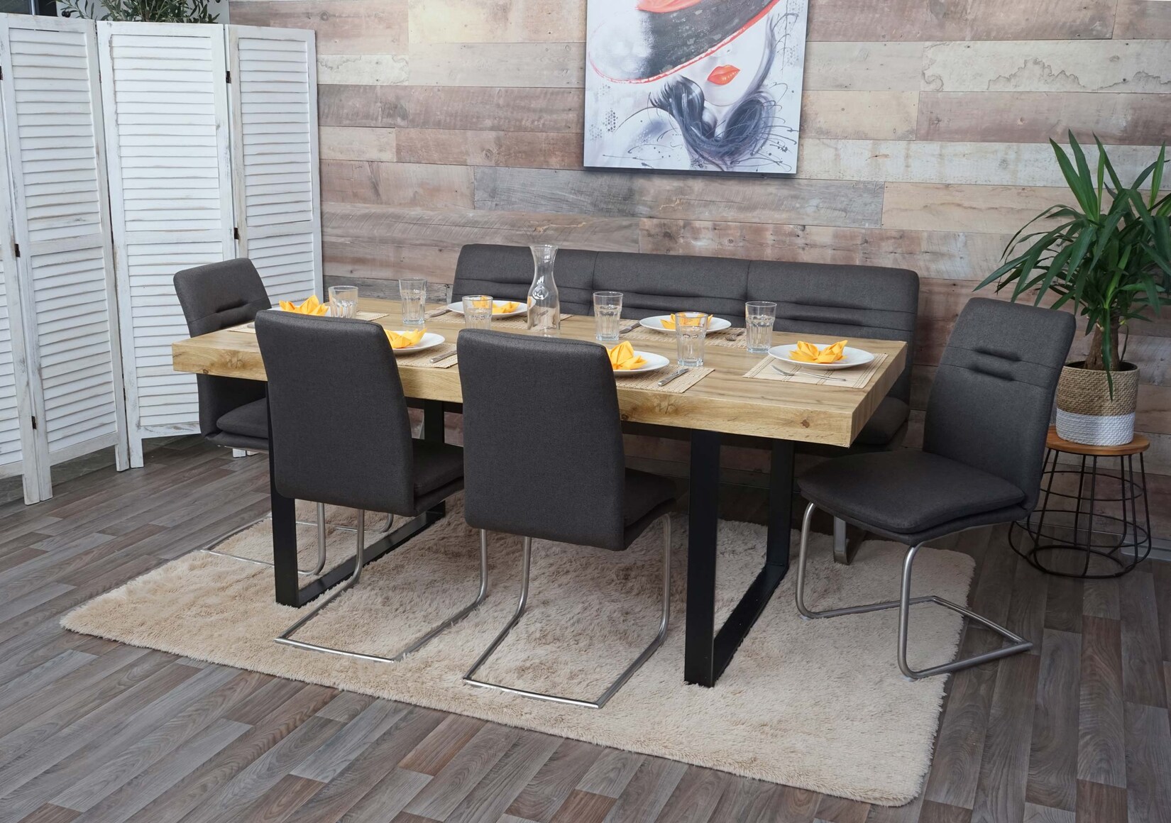 Esszimmer-Set MCW-H70, Esszimmergruppe Sitzgruppe Esszimmergarnitur, Stoff/Textil Edelstahl gebürstet ~ grau-braun 180cm